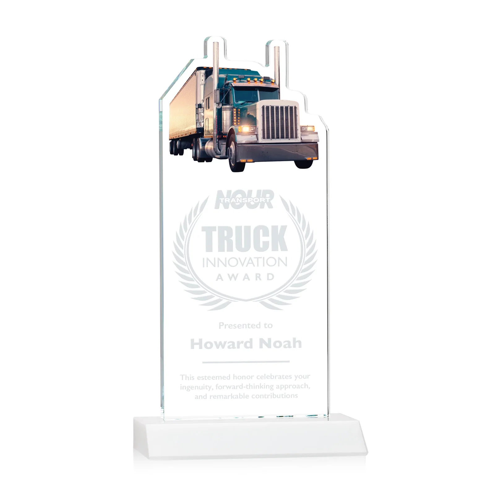 Promotional Starfire Crystal Award With Truck Figure on Mitered Base for graduation ceremonies