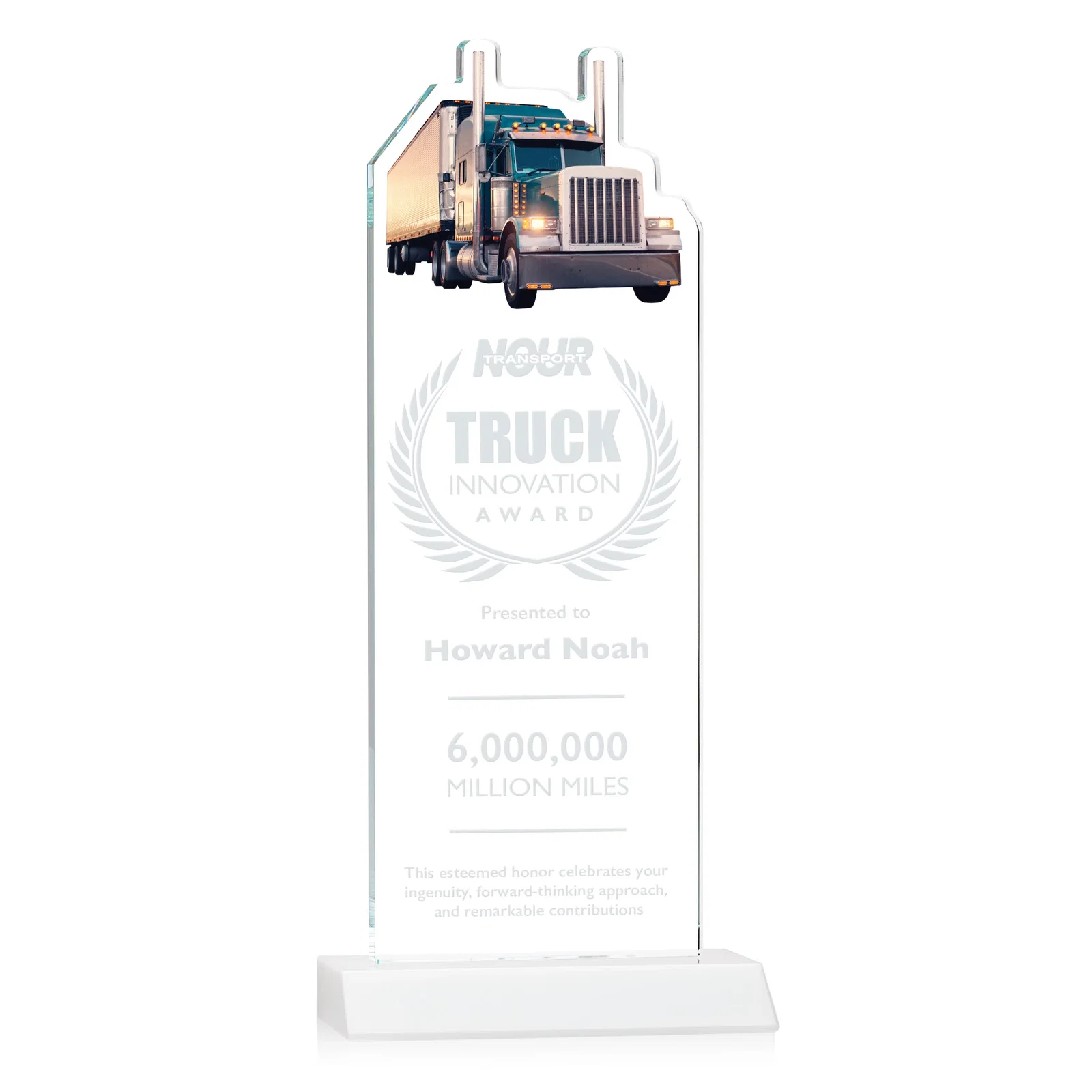 Promotional Starfire Crystal Award With Truck Figure on Mitered Base for safety achievement programs