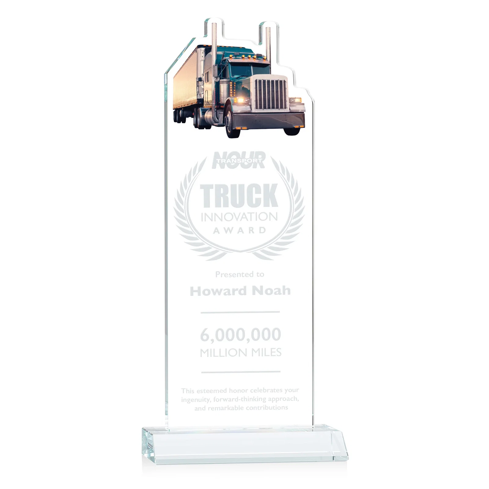 Custom Starfire Crystal Award With Truck Figure on Mitered Base for sales achievement awards