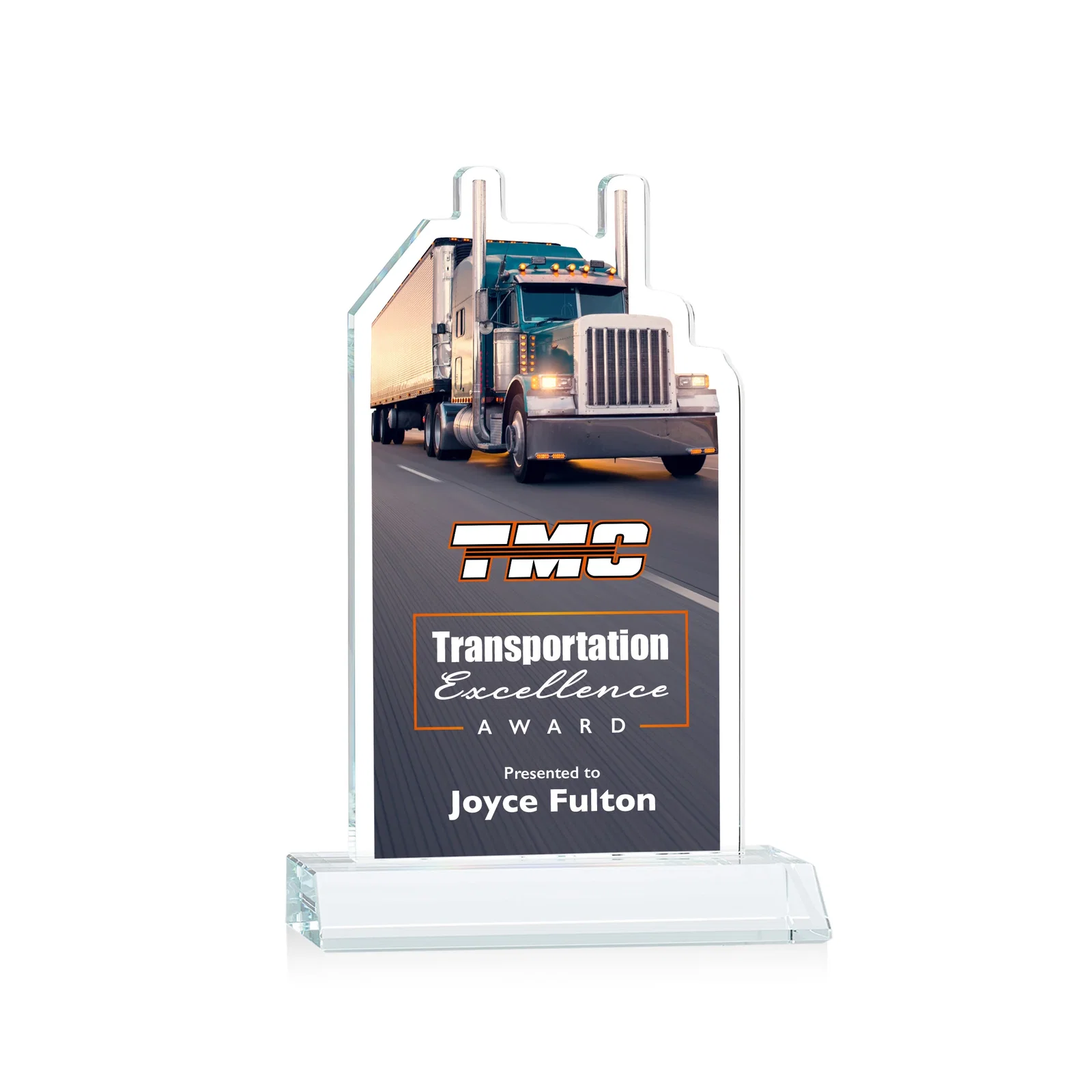 Promotional Starfire Crystal Award With Truck Figure on Mitered Base for dealer and partner awards