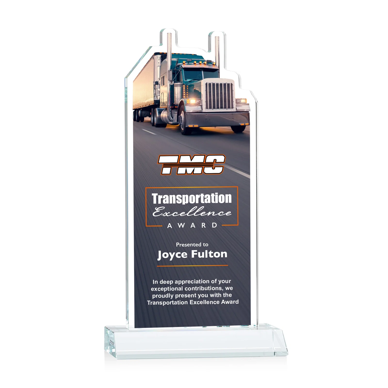Promotional Starfire Crystal Award With Truck Figure on Mitered Base for company anniversary events