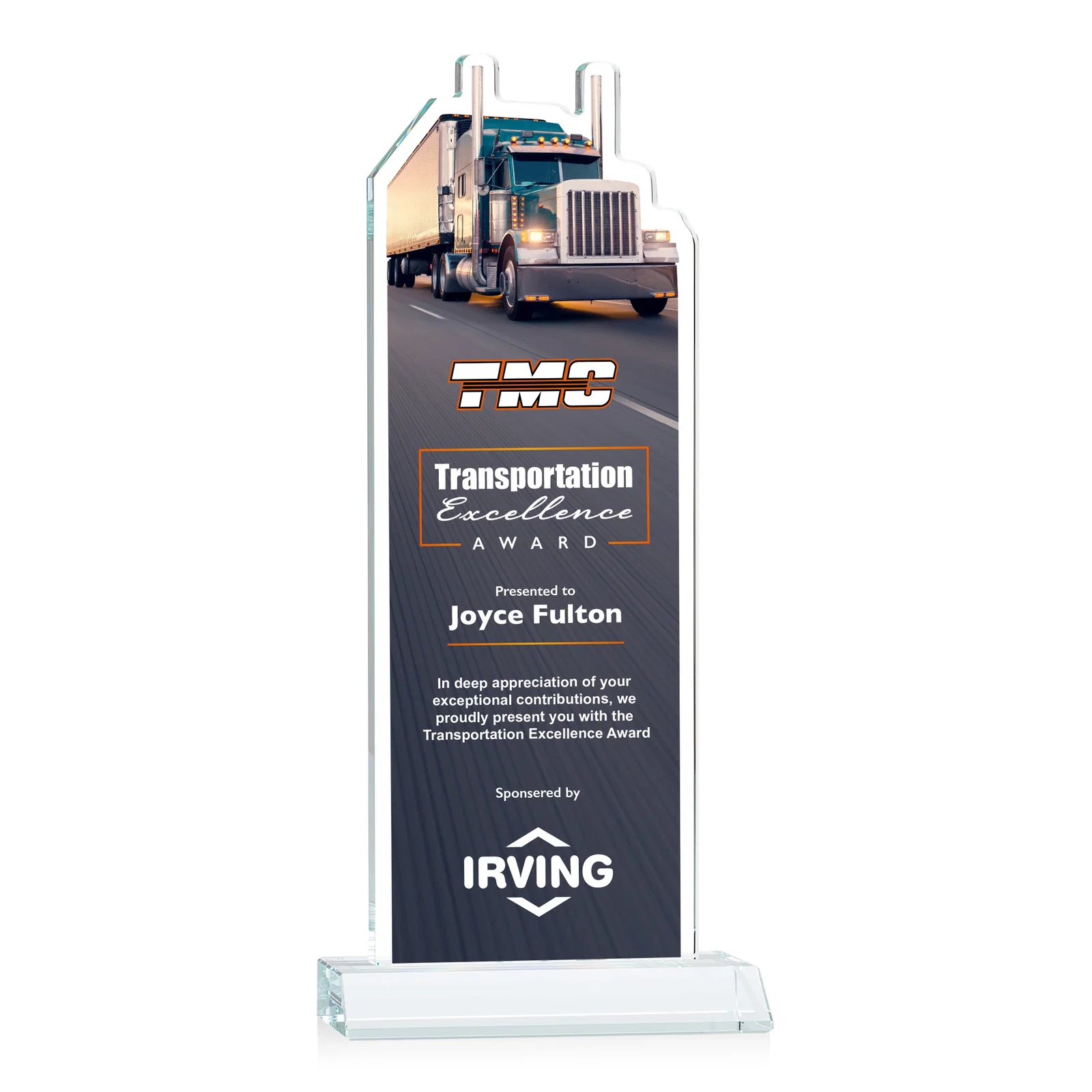 Branded Starfire Crystal Award With Truck Figure on Mitered Base for employee recognition