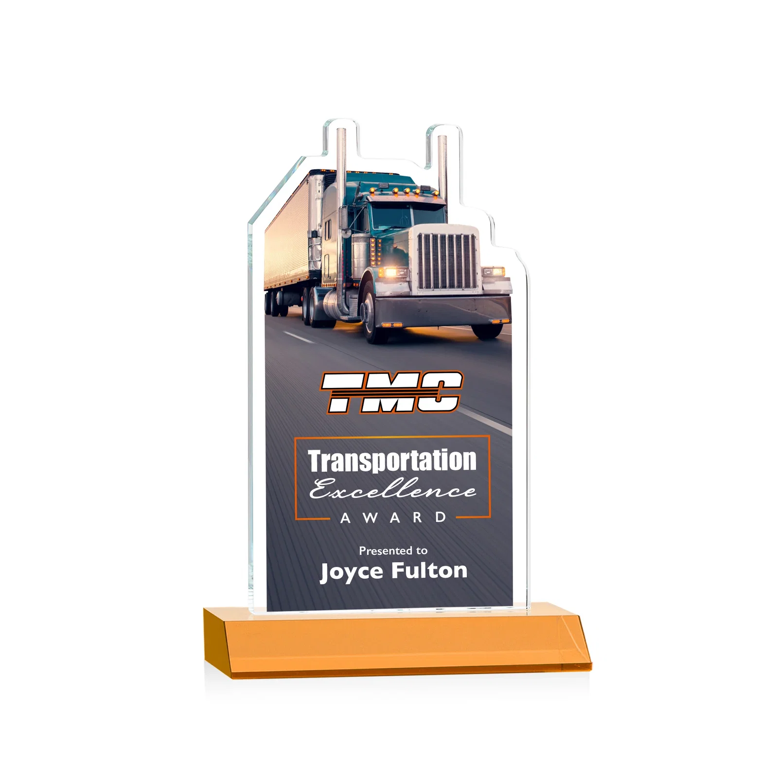 Branded Starfire Crystal Award With Truck Figure on Mitered Base for service anniversary gifts