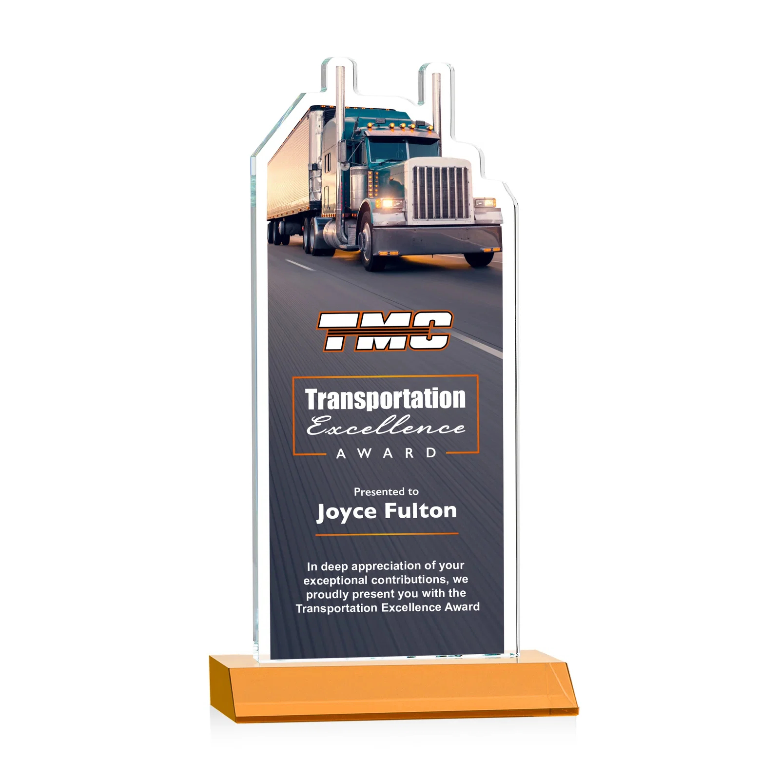 Branded Starfire Crystal Award With Truck Figure on Mitered Base for sales achievement awards