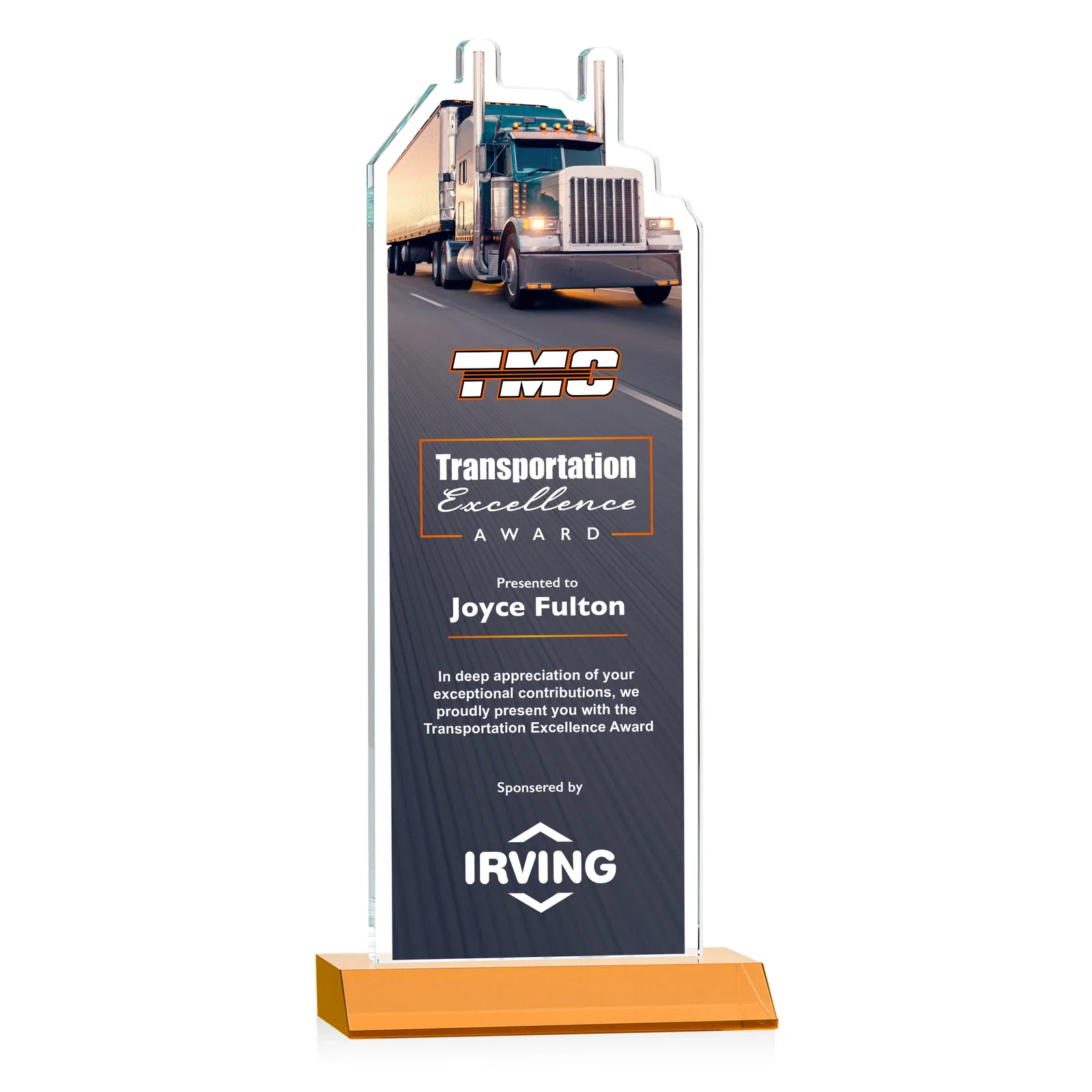 Branded Starfire Crystal Award With Truck Figure on Mitered Base for retirement presentations