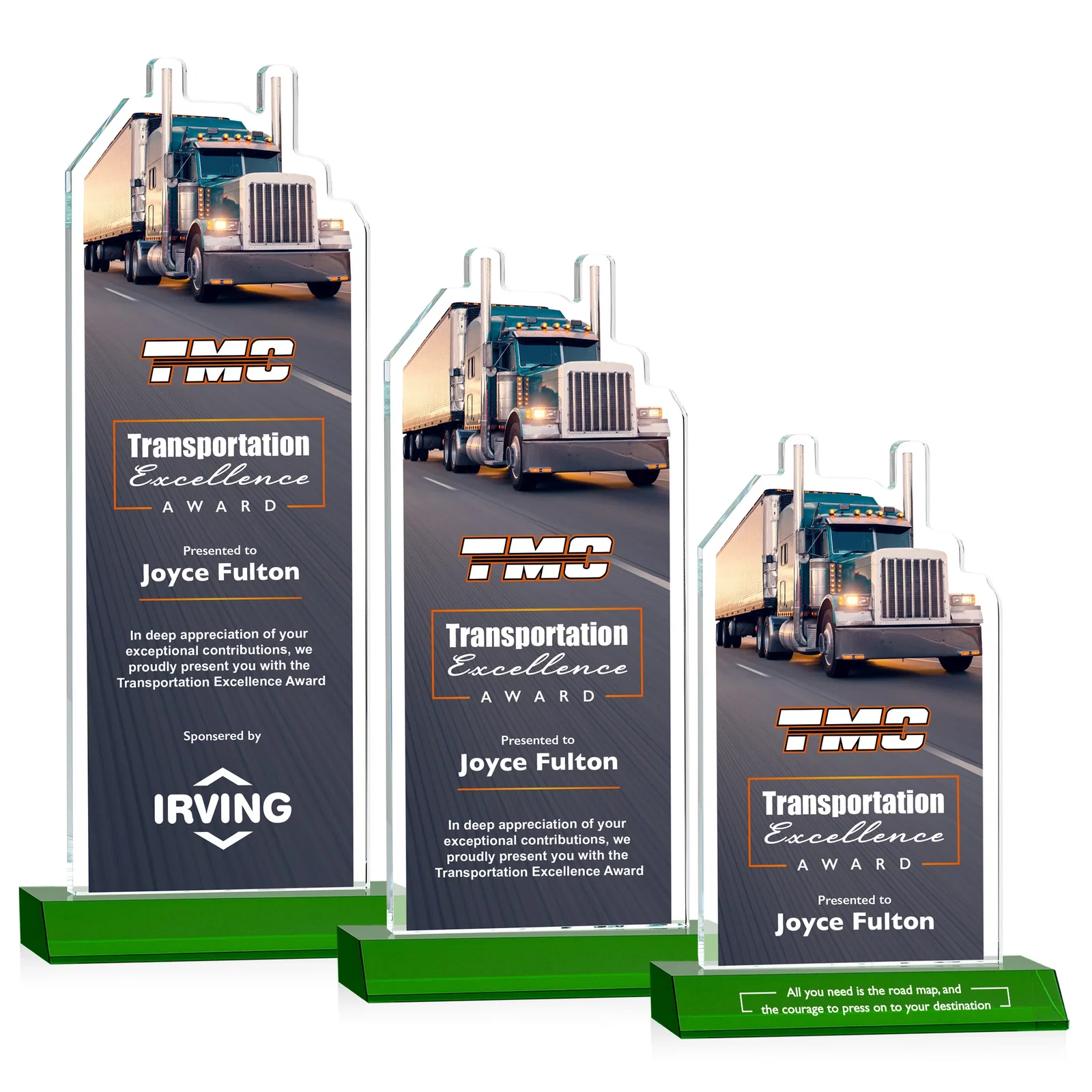 Branded Starfire Crystal Award With Truck Figure on Mitered Base for team milestone celebrations