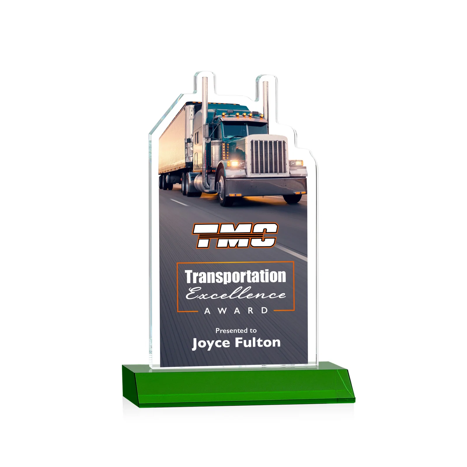 Branded Starfire Crystal Award With Truck Figure on Mitered Base for donor appreciation