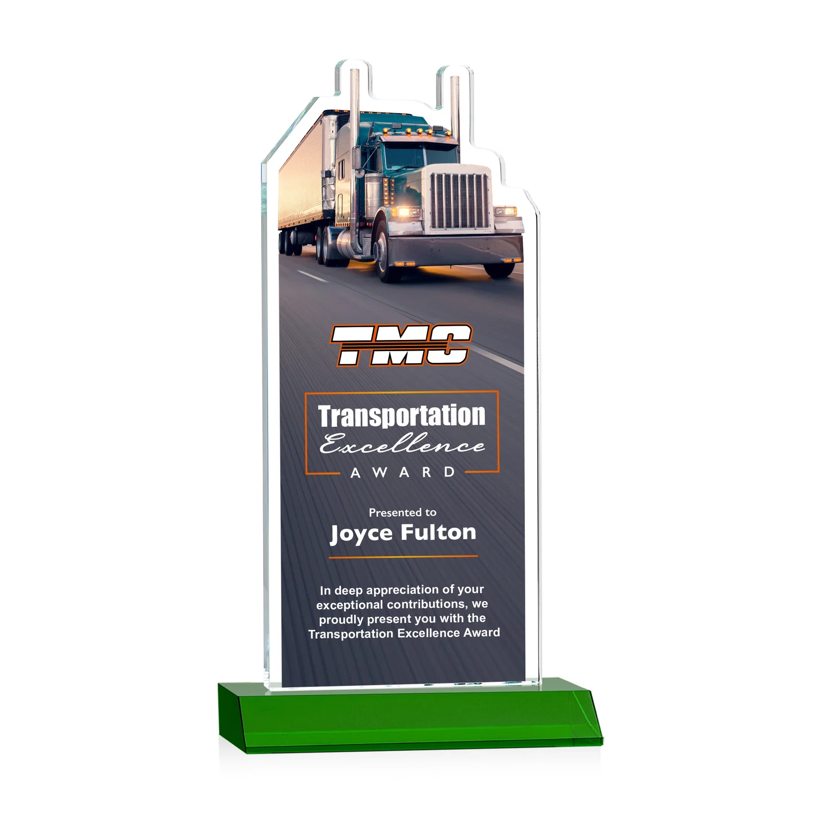 Branded Starfire Crystal Award With Truck Figure on Mitered Base for graduation ceremonies