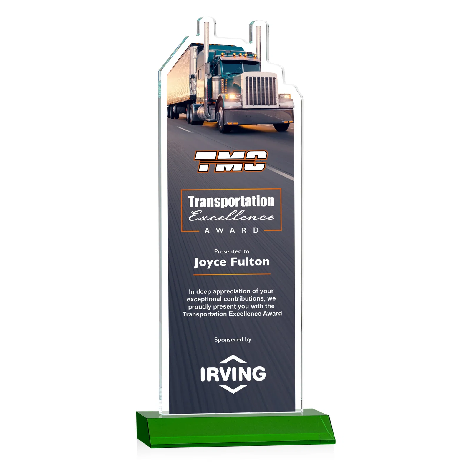 Branded Starfire Crystal Award With Truck Figure on Mitered Base for safety achievement programs