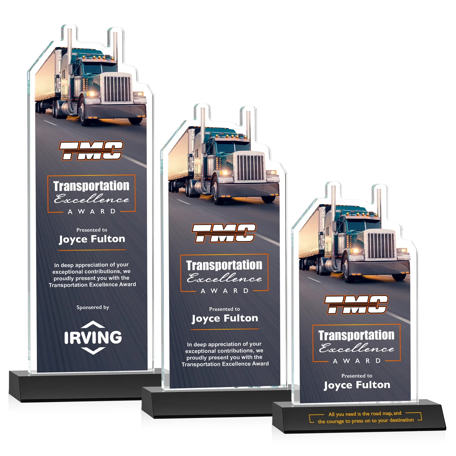 Branded Starfire Crystal Award With Truck Figure on Mitered Base for volunteer appreciation