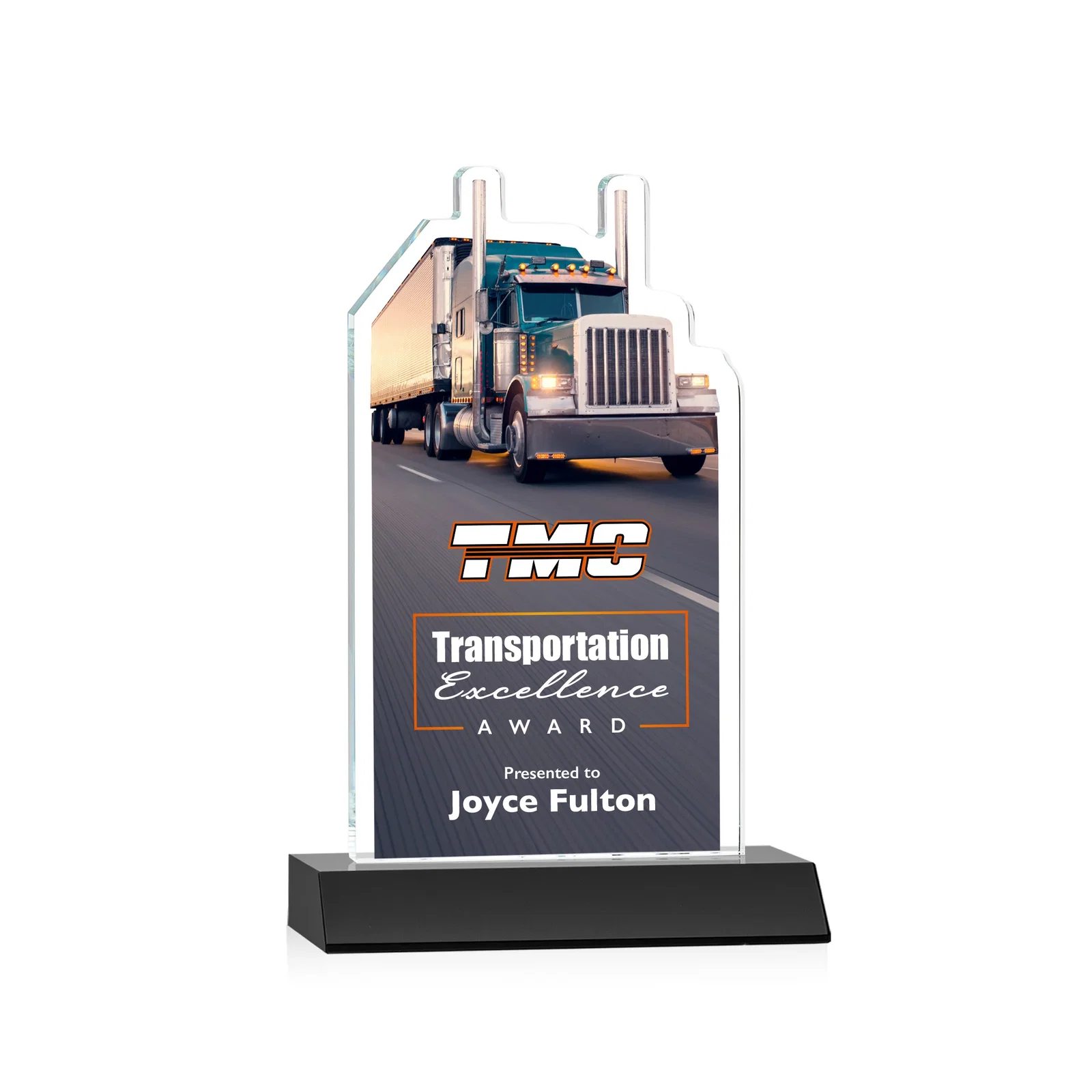 Branded Starfire Crystal Award With Truck Figure on Mitered Base for dealer and partner awards