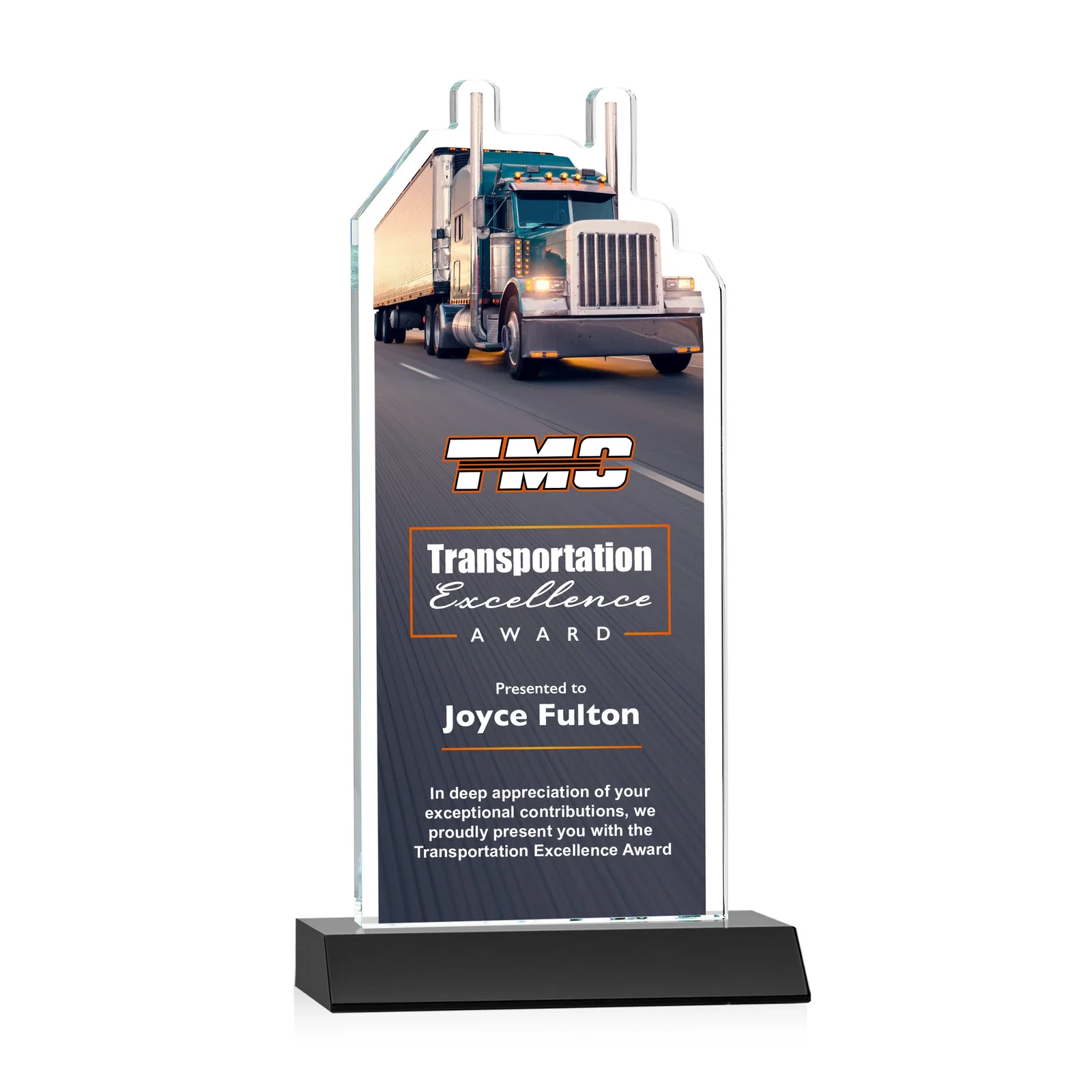 Branded Starfire Crystal Award With Truck Figure on Mitered Base for company anniversary events