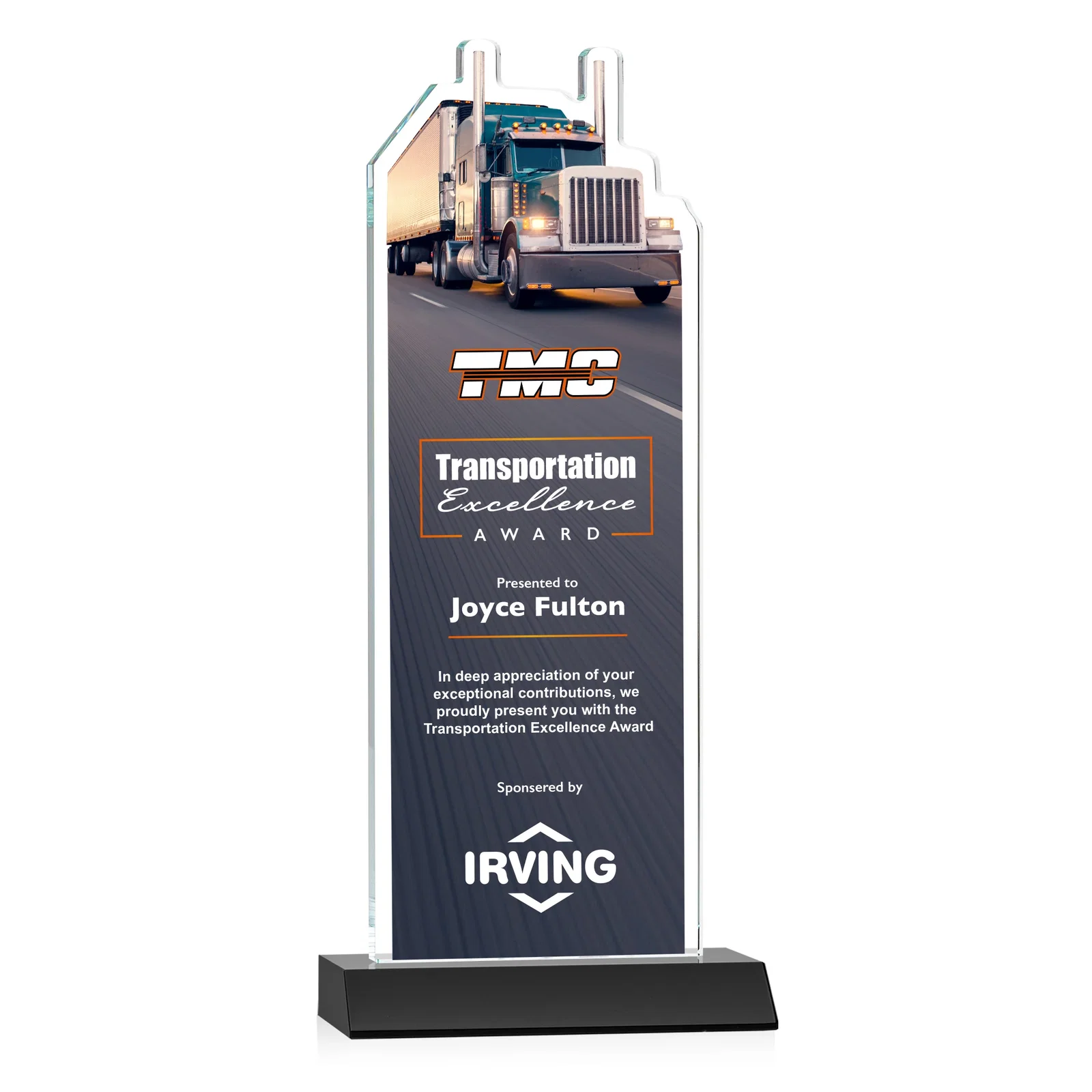 Custom printed Starfire Crystal Award With Truck Figure on Mitered Base for employee recognition