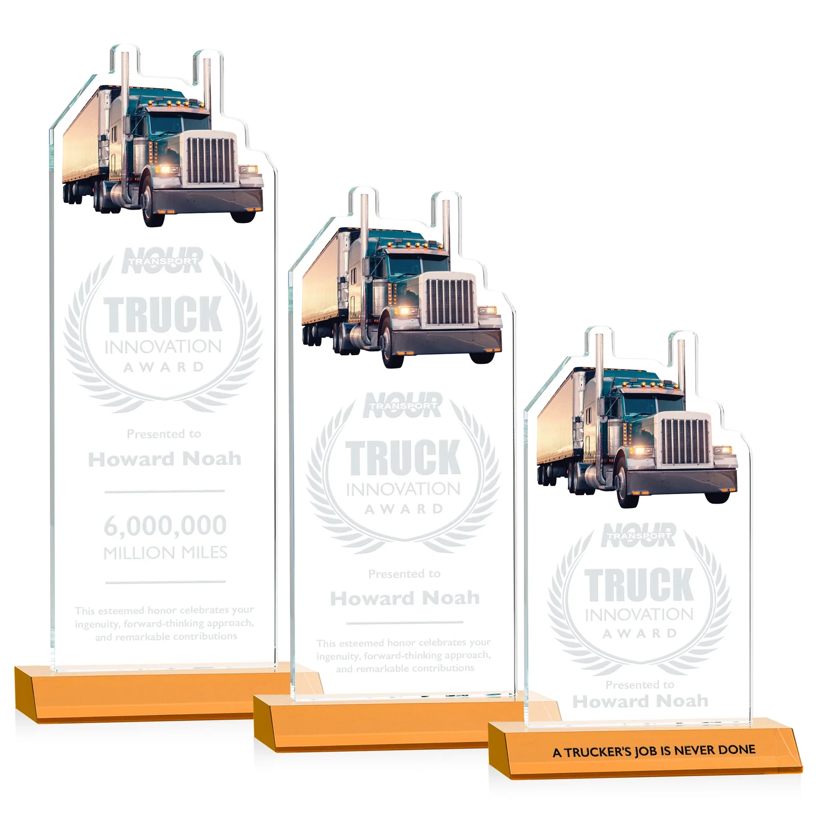 Custom Starfire Crystal Award With Truck Figure on Mitered Base for team milestone celebrations