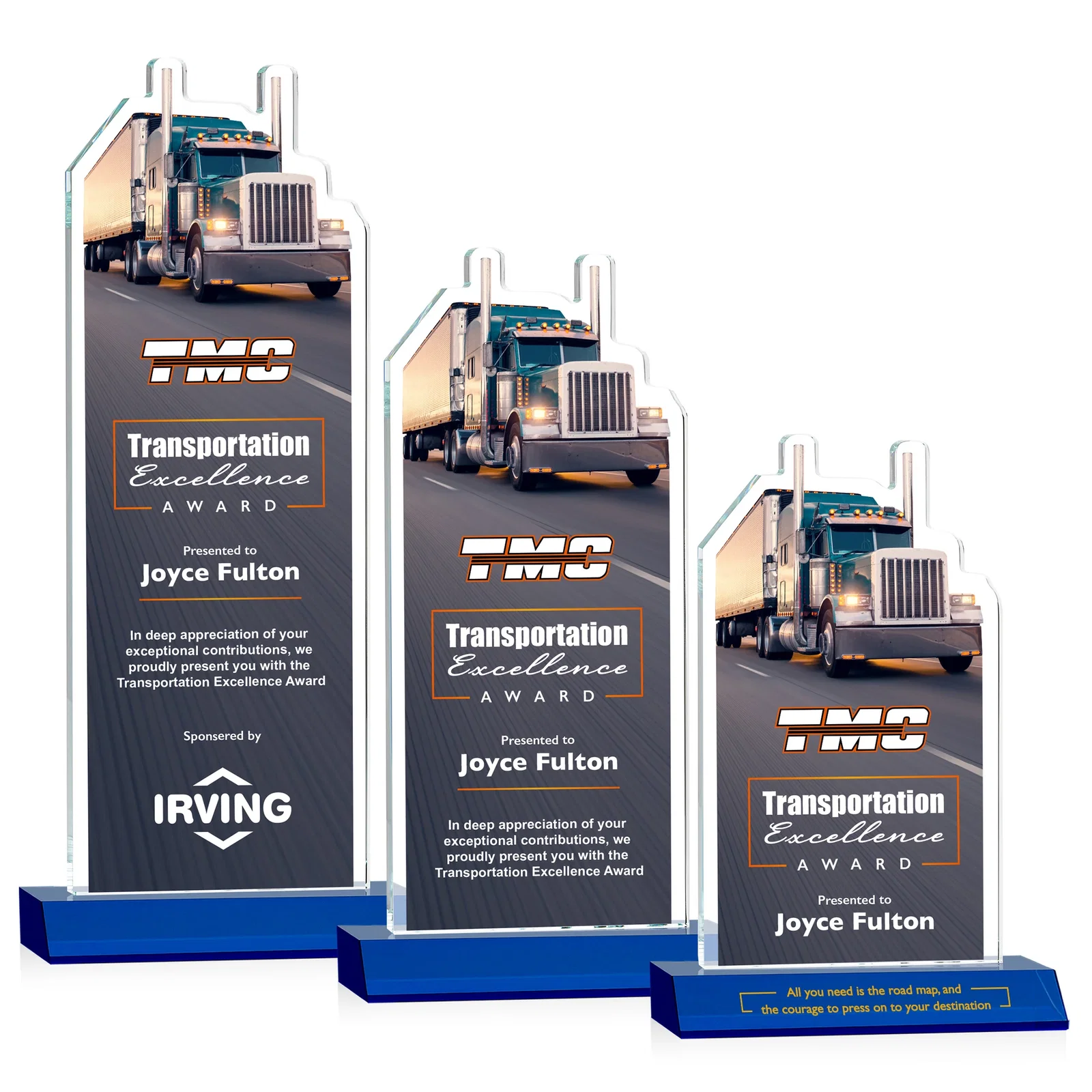 Custom printed Starfire Crystal Award With Truck Figure on Mitered Base for corporate award ceremonies