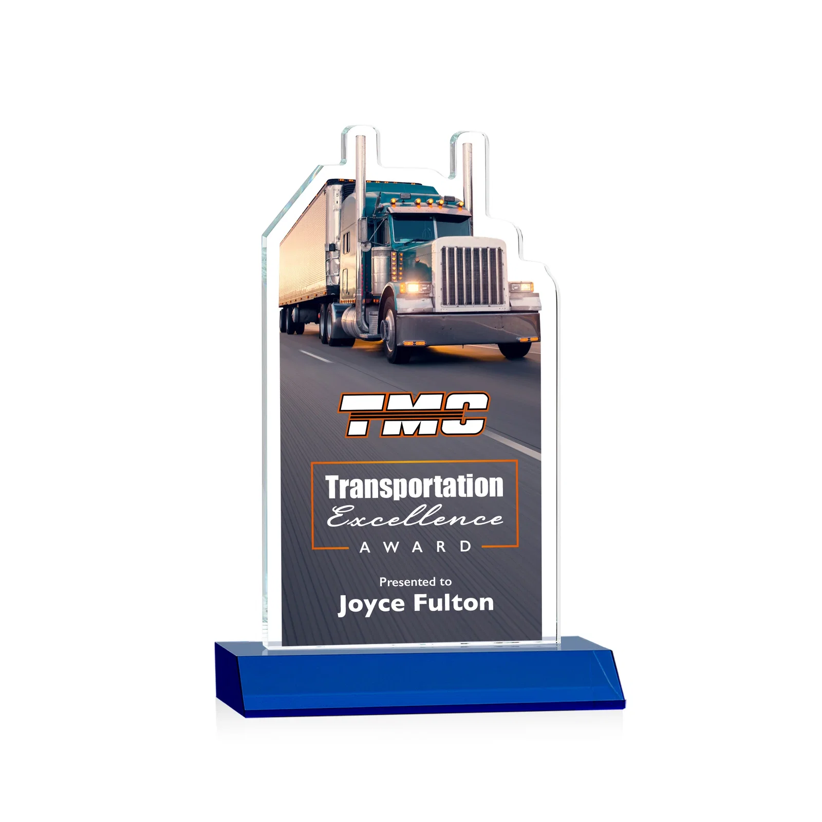Custom printed Starfire Crystal Award With Truck Figure on Mitered Base for service anniversary gifts