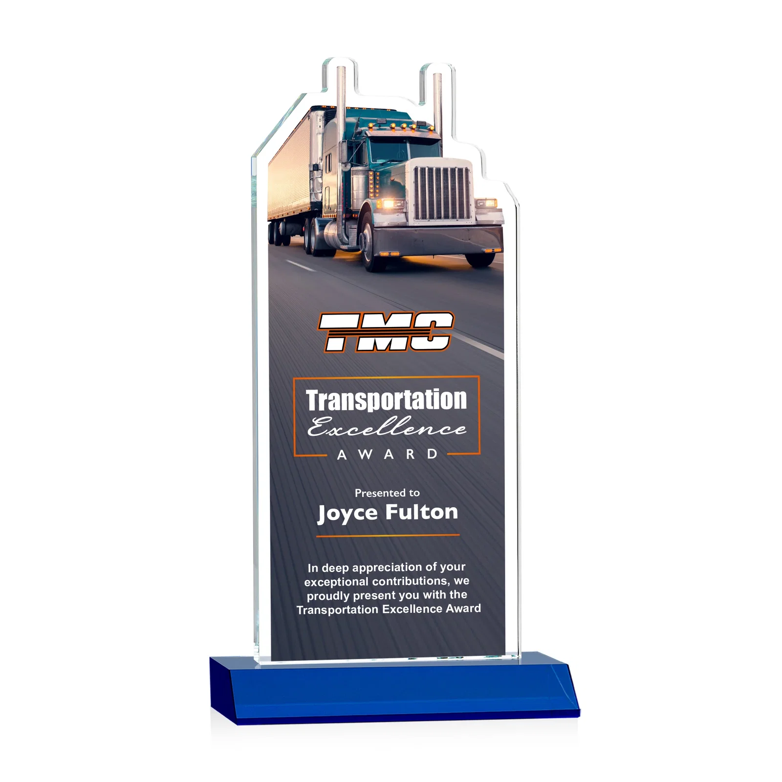 Custom printed Starfire Crystal Award With Truck Figure on Mitered Base for sales achievement awards