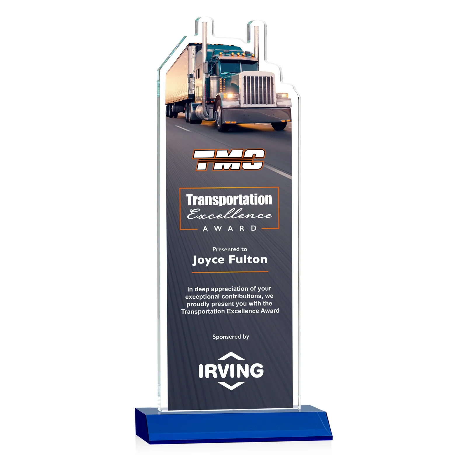 Custom printed Starfire Crystal Award With Truck Figure on Mitered Base for retirement presentations