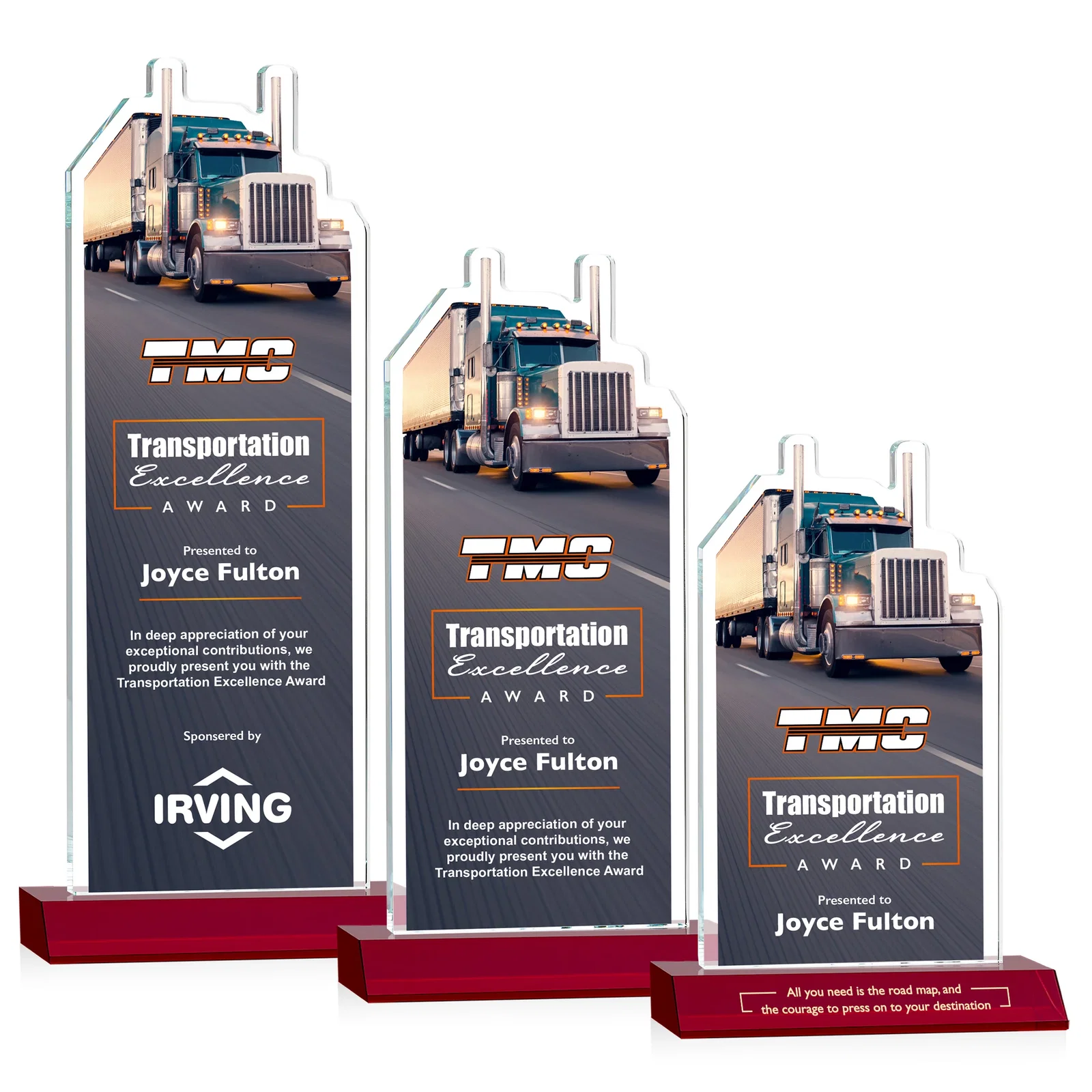 Custom printed Starfire Crystal Award With Truck Figure on Mitered Base for team milestone celebrations