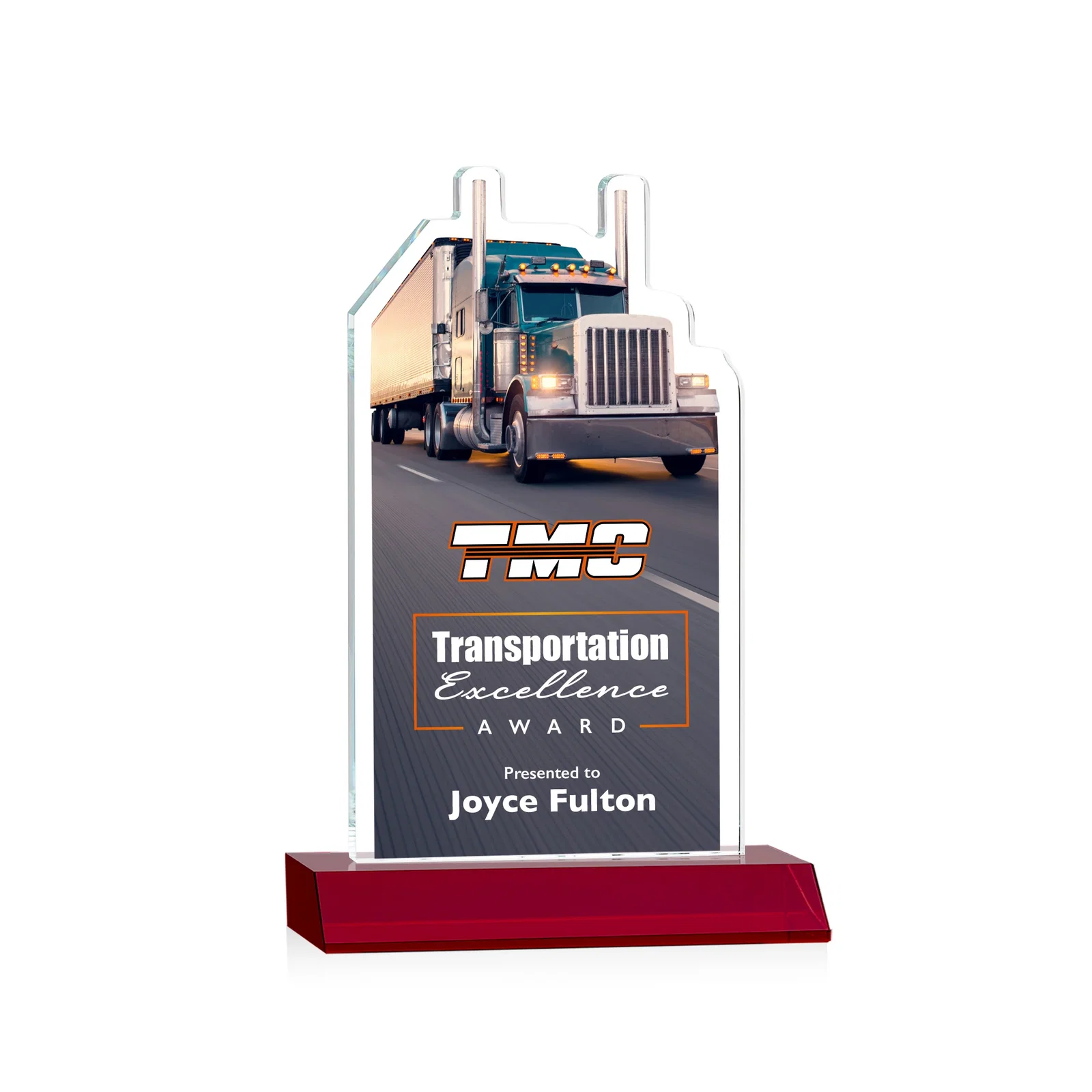 Custom printed Starfire Crystal Award With Truck Figure on Mitered Base for donor appreciation