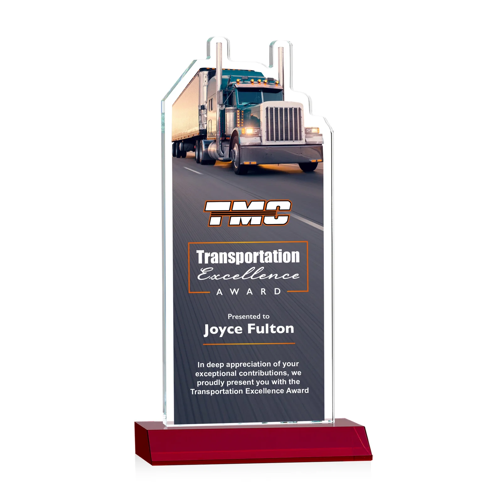 Custom printed Starfire Crystal Award With Truck Figure on Mitered Base for graduation ceremonies