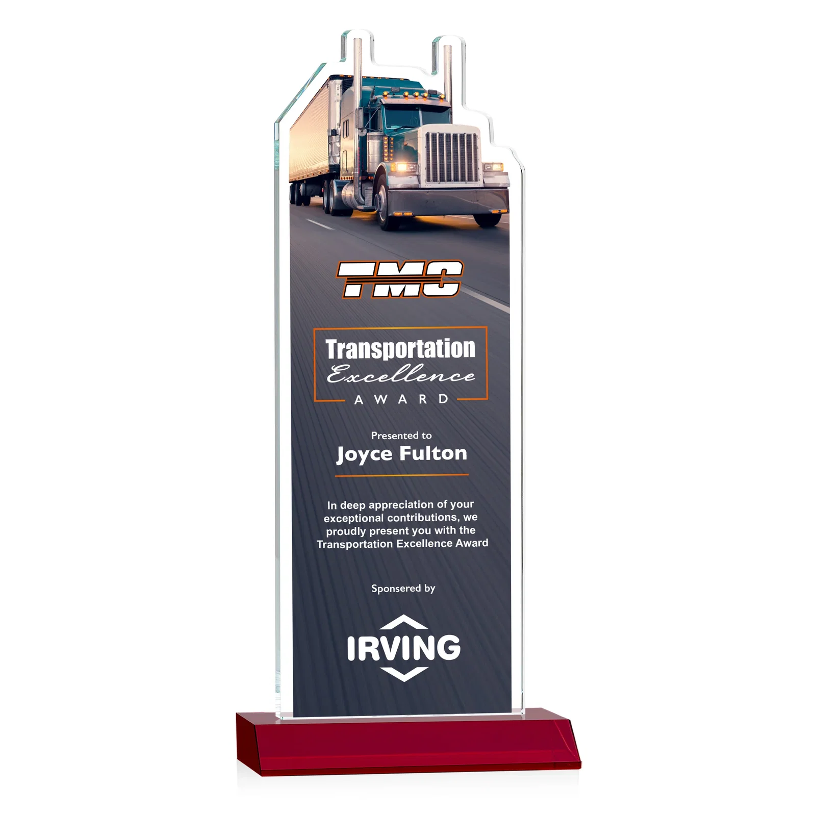 Custom printed Starfire Crystal Award With Truck Figure on Mitered Base for safety achievement programs