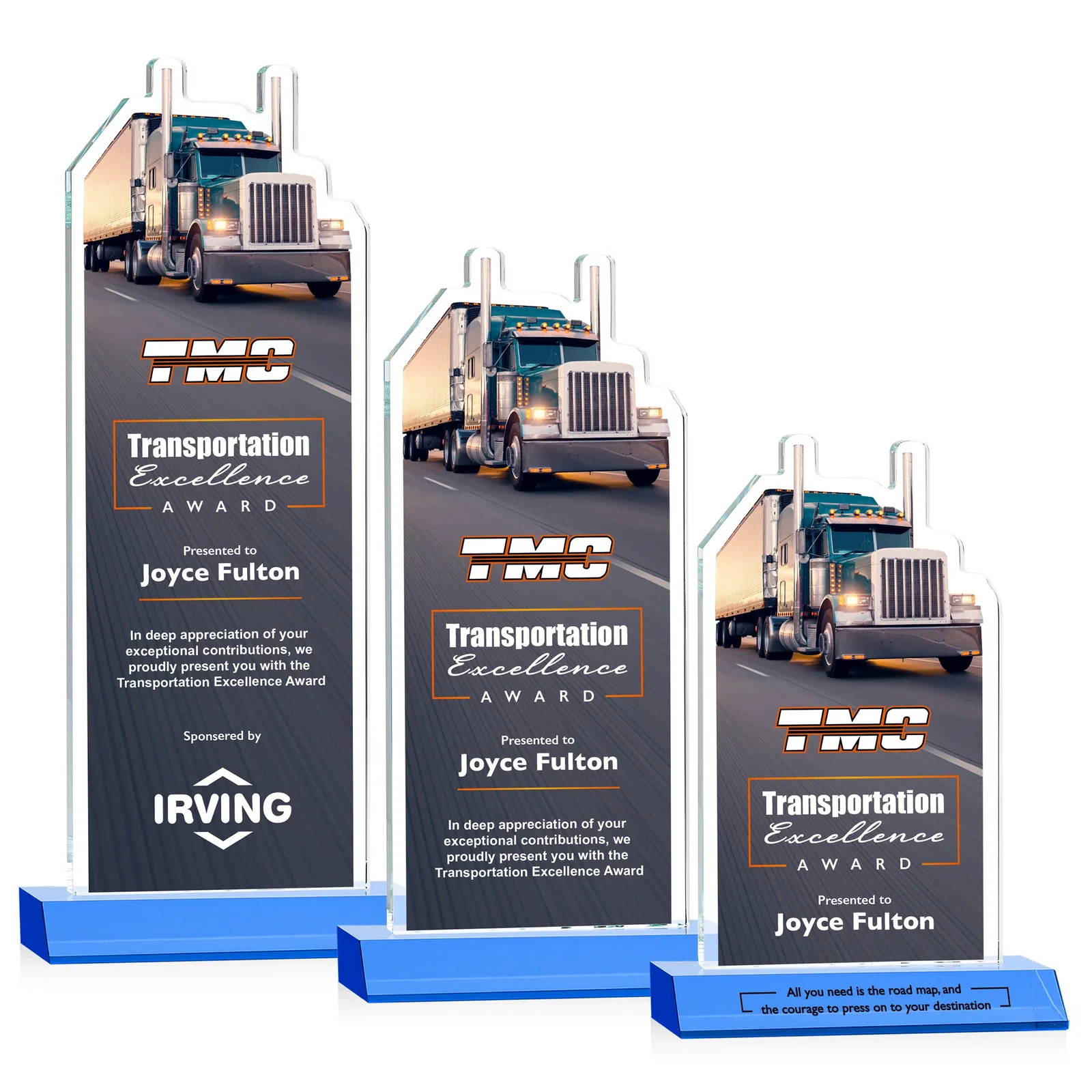 Custom printed Starfire Crystal Award With Truck Figure on Mitered Base for volunteer appreciation