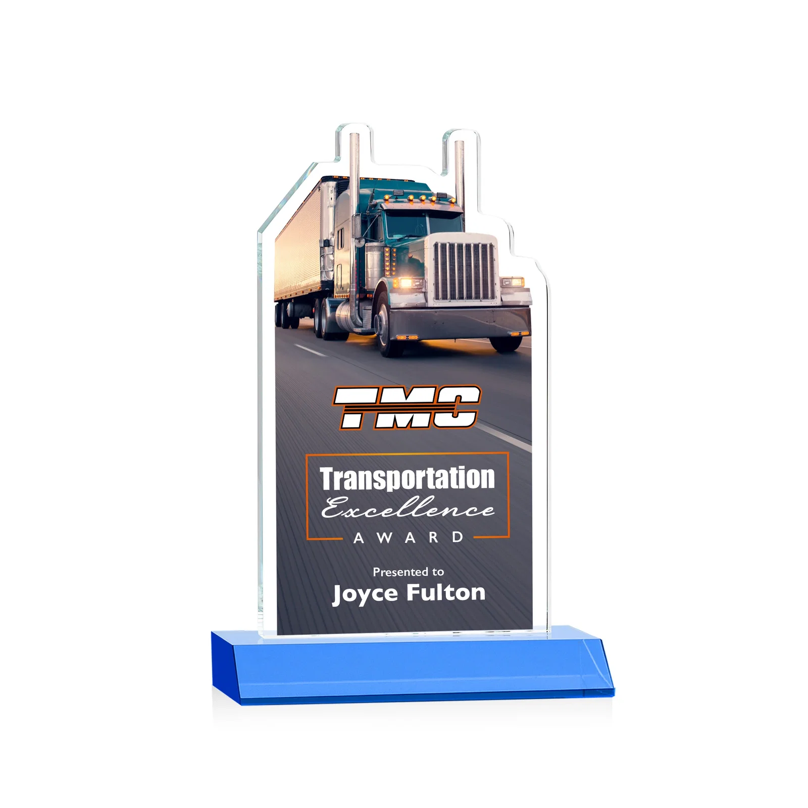 Custom printed Starfire Crystal Award With Truck Figure on Mitered Base for dealer and partner awards
