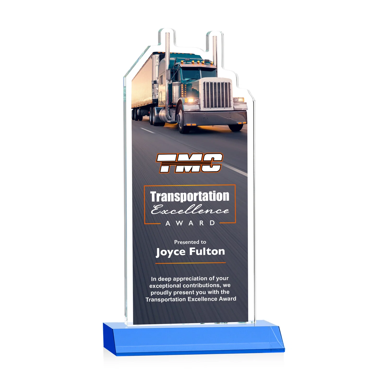 Custom printed Starfire Crystal Award With Truck Figure on Mitered Base for company anniversary events