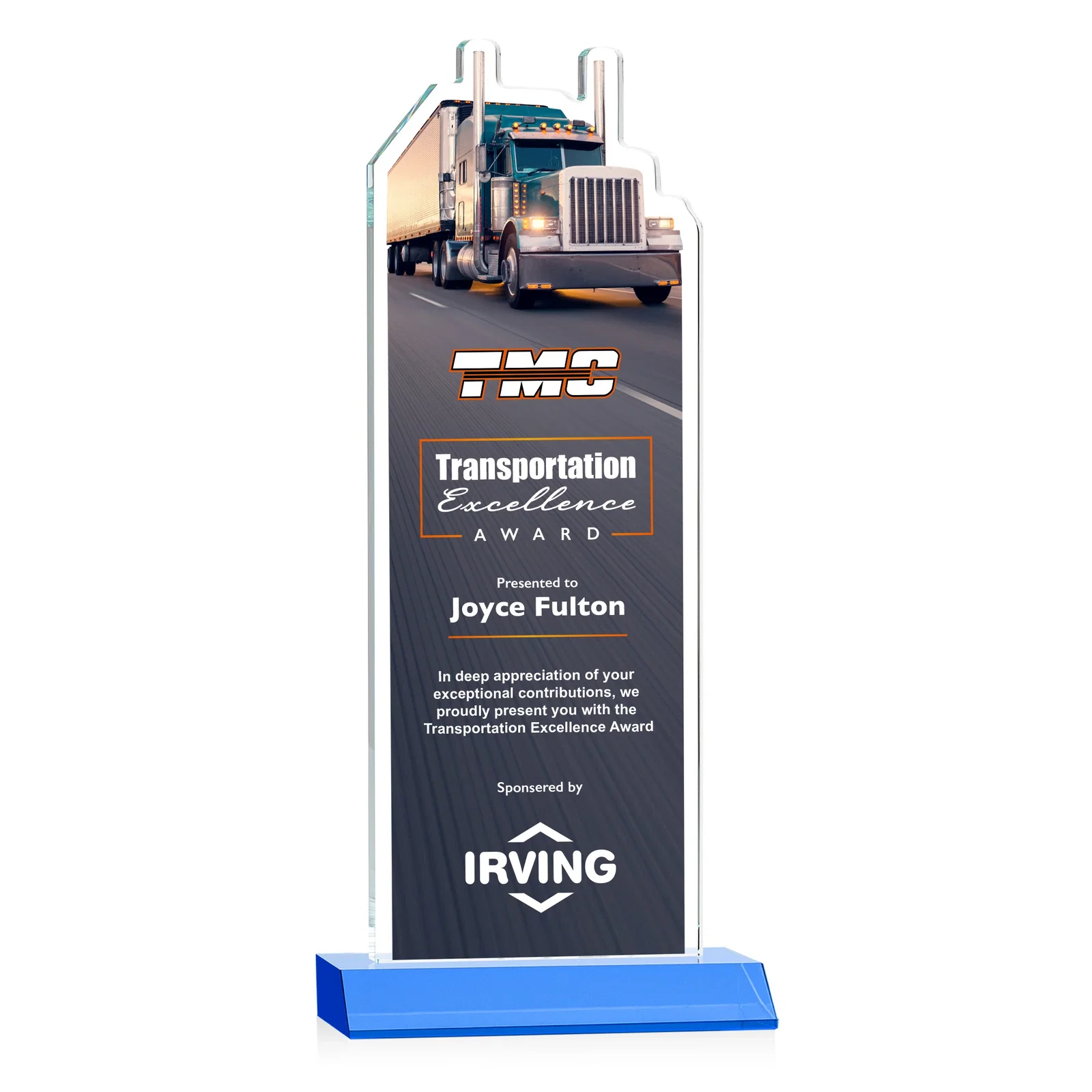 Customized Starfire Crystal Award With Truck Figure on Mitered Base for employee recognition