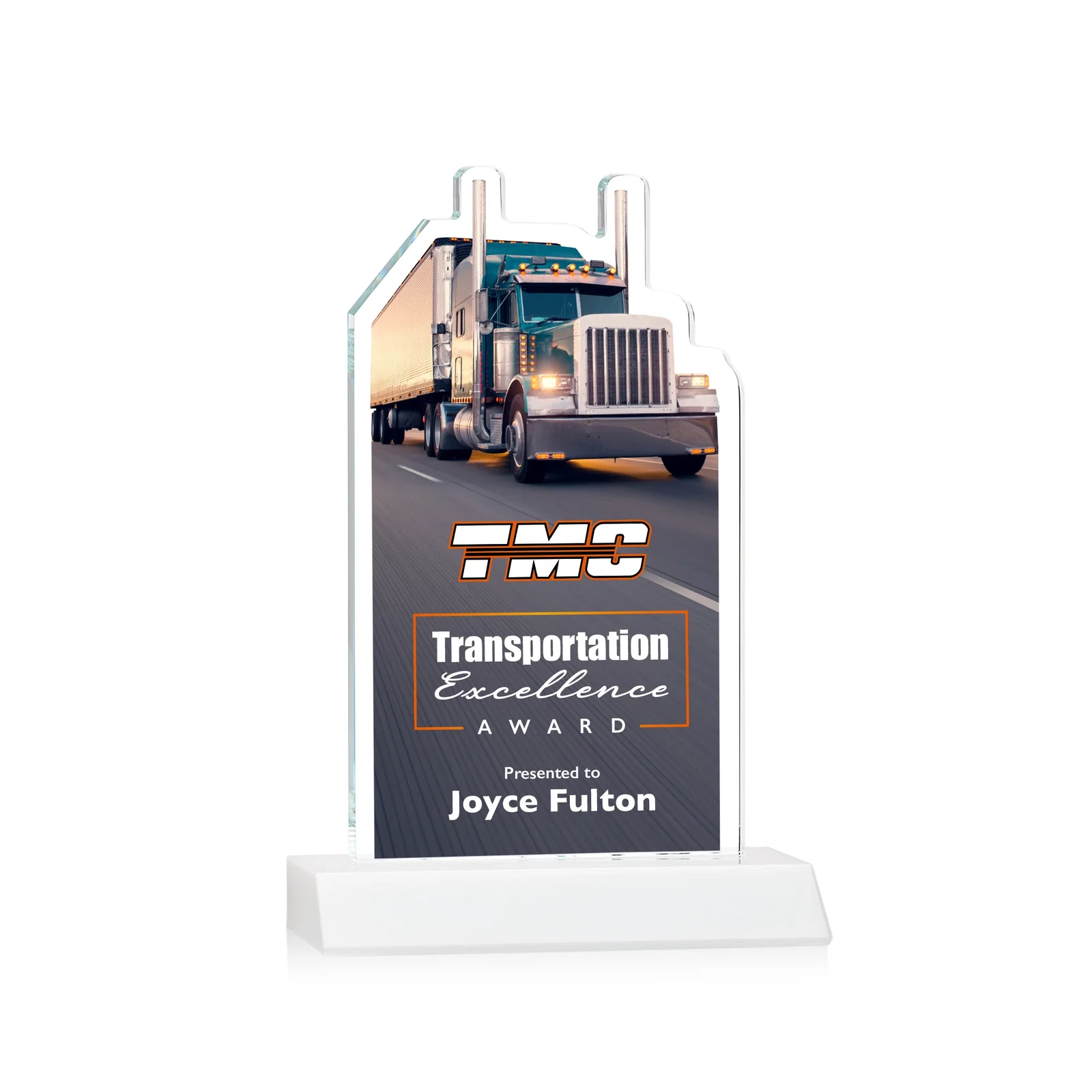 Customized Starfire Crystal Award With Truck Figure on Mitered Base for service anniversary gifts