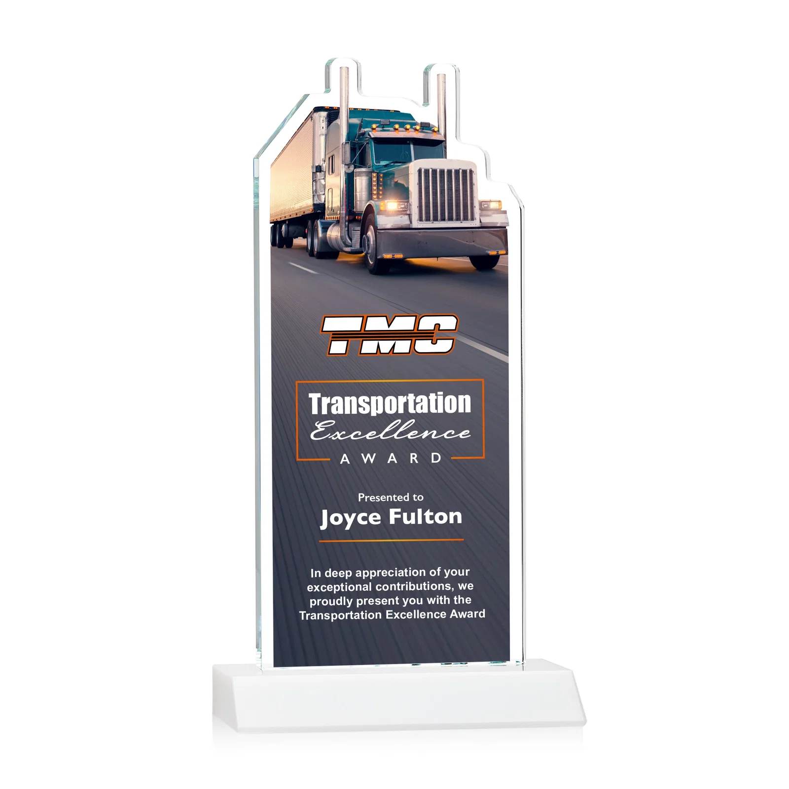 Customized Starfire Crystal Award With Truck Figure on Mitered Base for sales achievement awards
