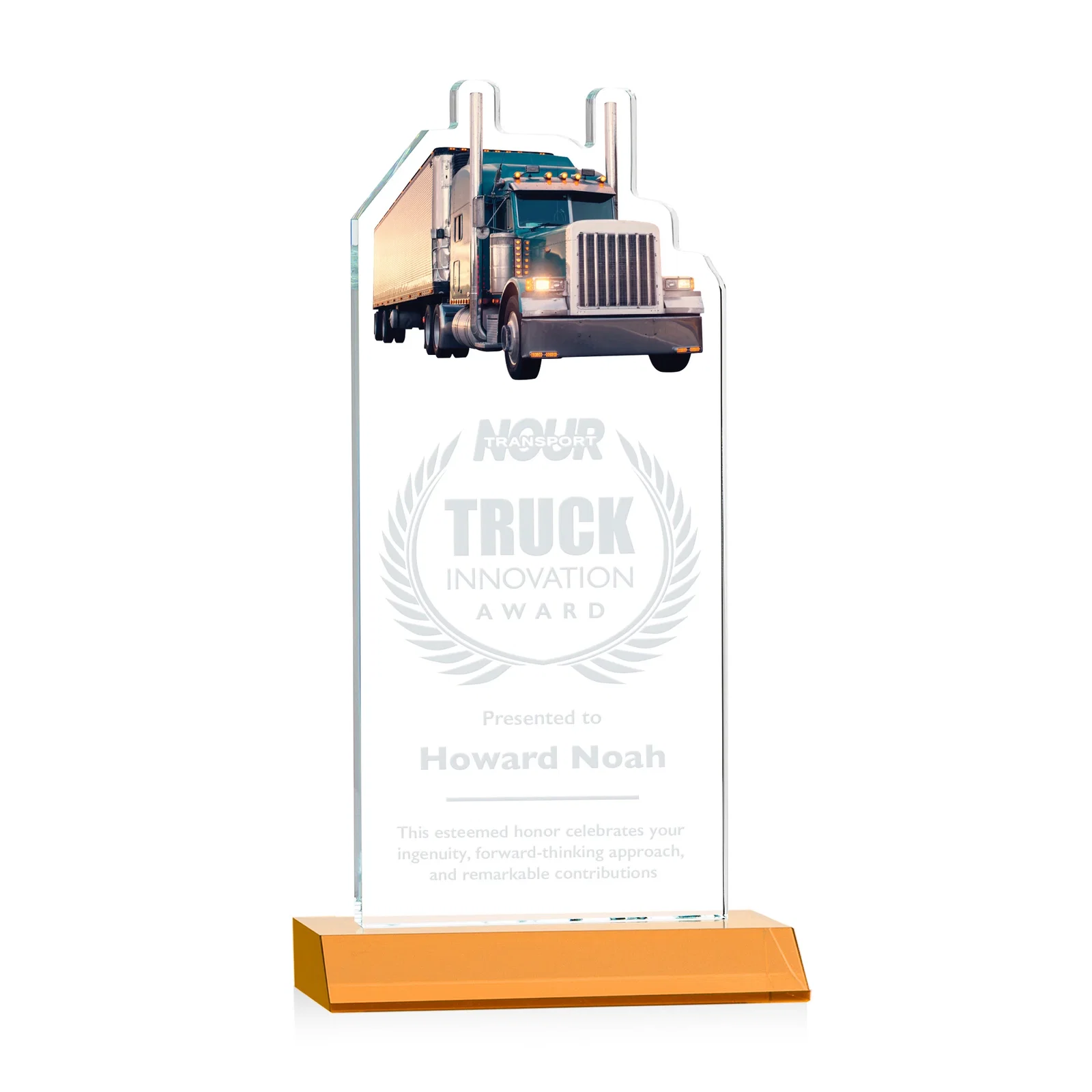 Custom Starfire Crystal Award With Truck Figure on Mitered Base for graduation ceremonies
