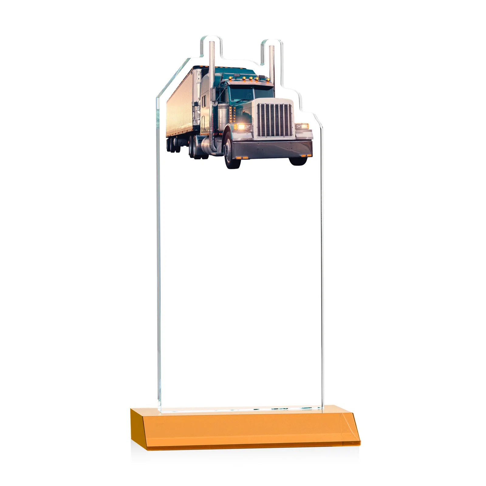 Customized Starfire Crystal Award With Truck Figure on Mitered Base for dealer and partner awards