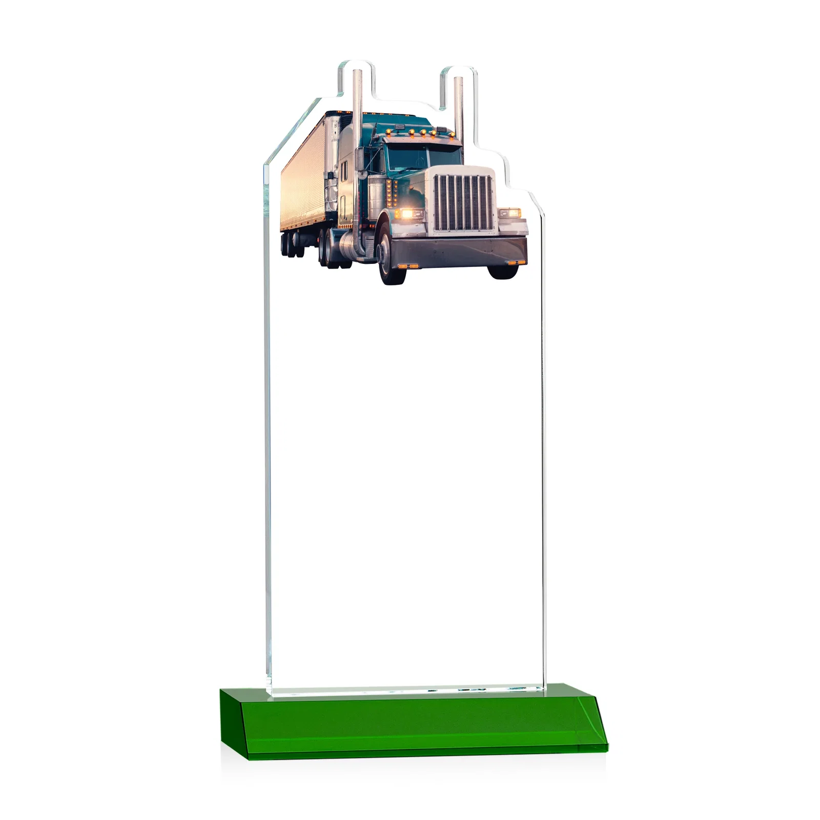 Custom engraved Starfire Crystal Award With Truck Figure on Mitered Base for employee recognition