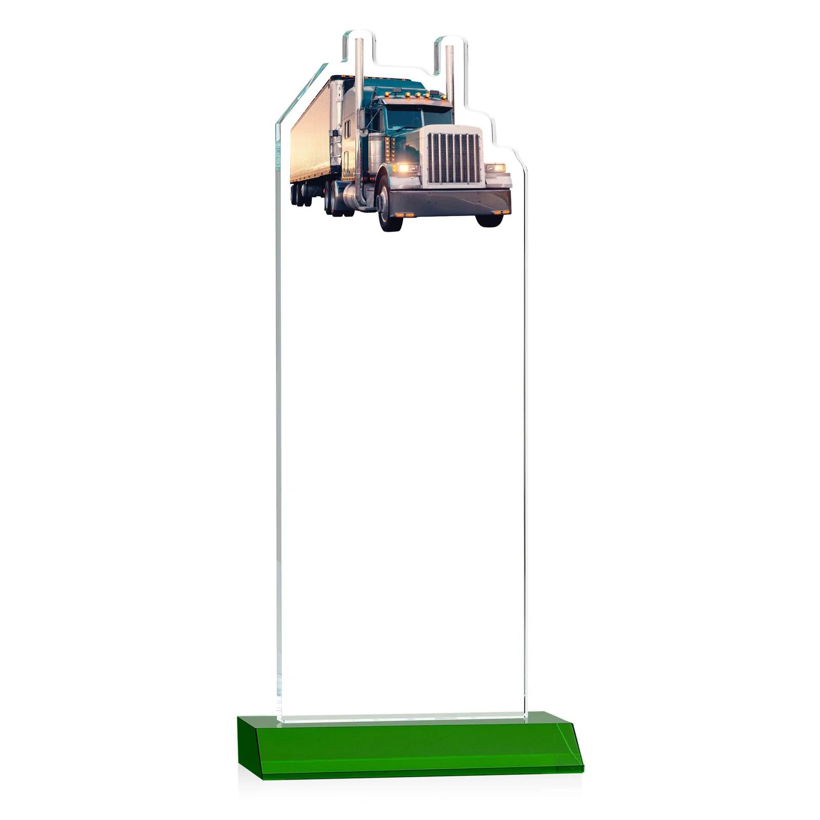 Custom engraved Starfire Crystal Award With Truck Figure on Mitered Base for corporate award ceremonies