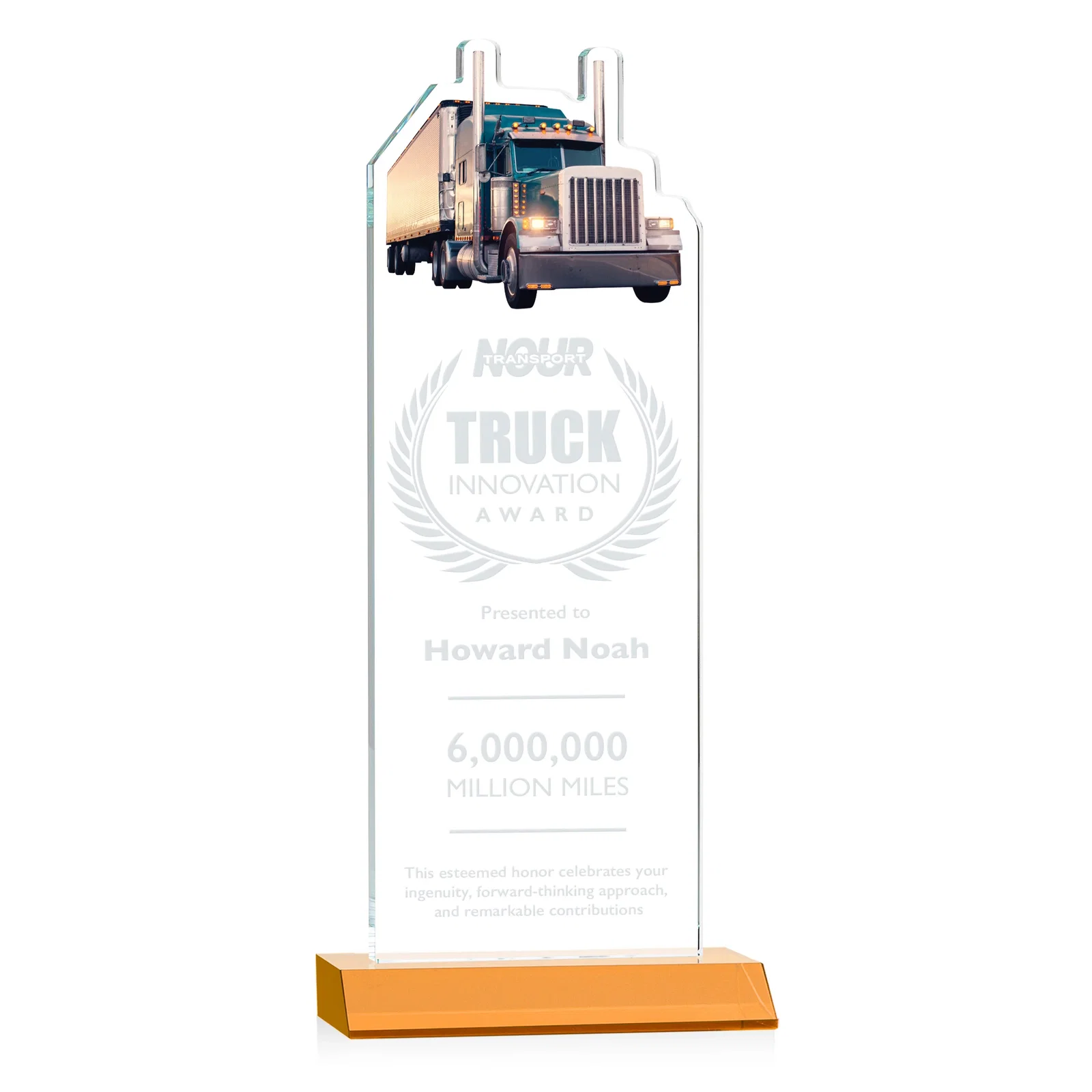 Custom Starfire Crystal Award With Truck Figure on Mitered Base for safety achievement programs