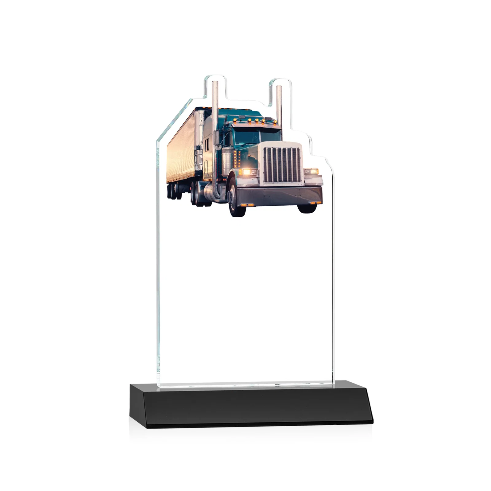 Custom engraved Starfire Crystal Award With Truck Figure on Mitered Base for service anniversary gifts