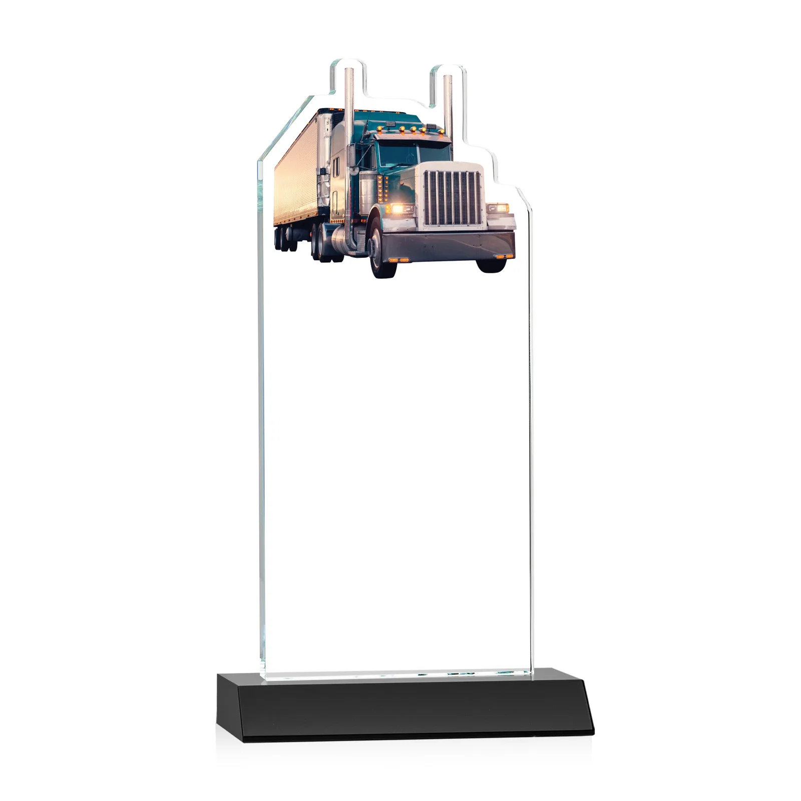 Custom engraved Starfire Crystal Award With Truck Figure on Mitered Base for sales achievement awards