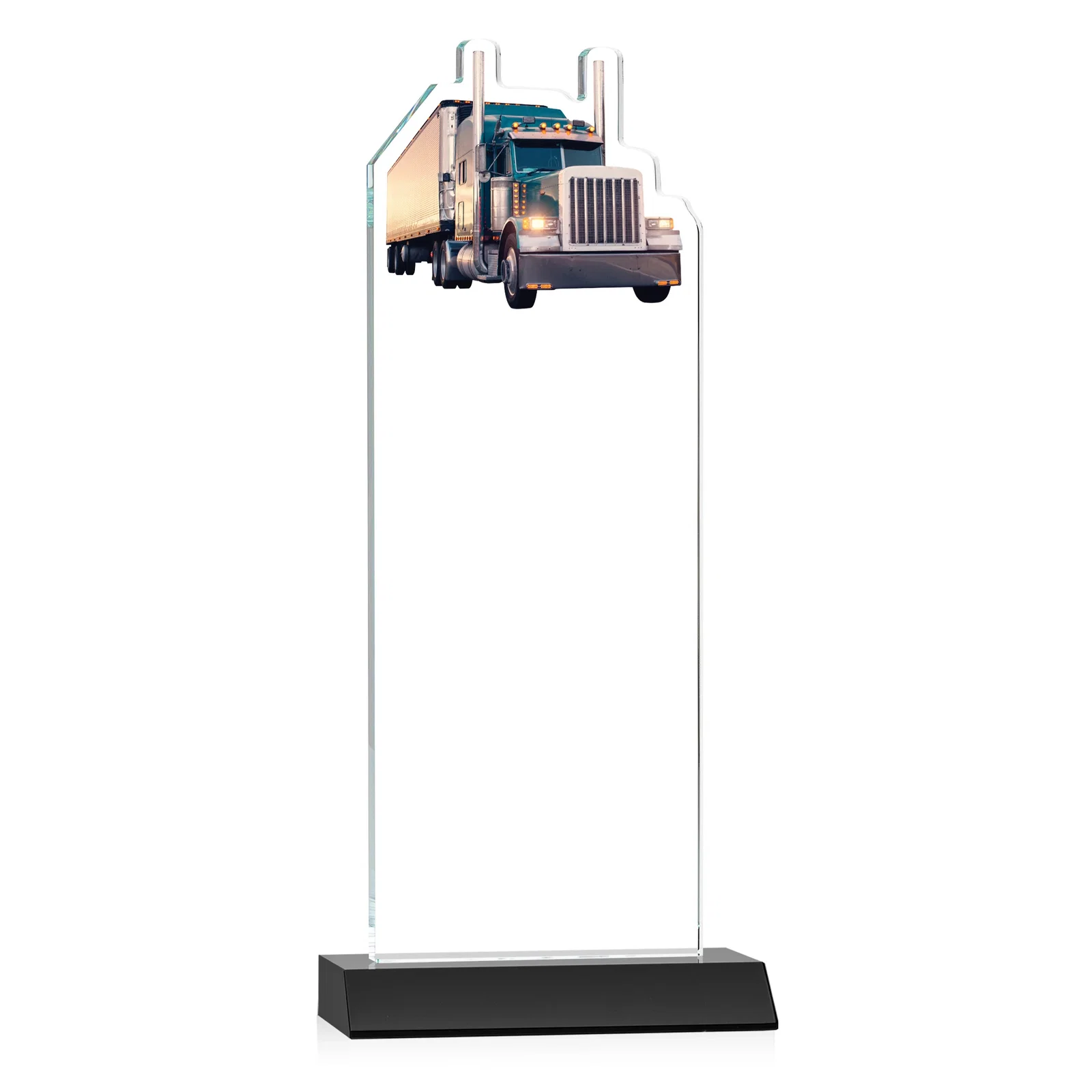 Custom engraved Starfire Crystal Award With Truck Figure on Mitered Base for retirement presentations