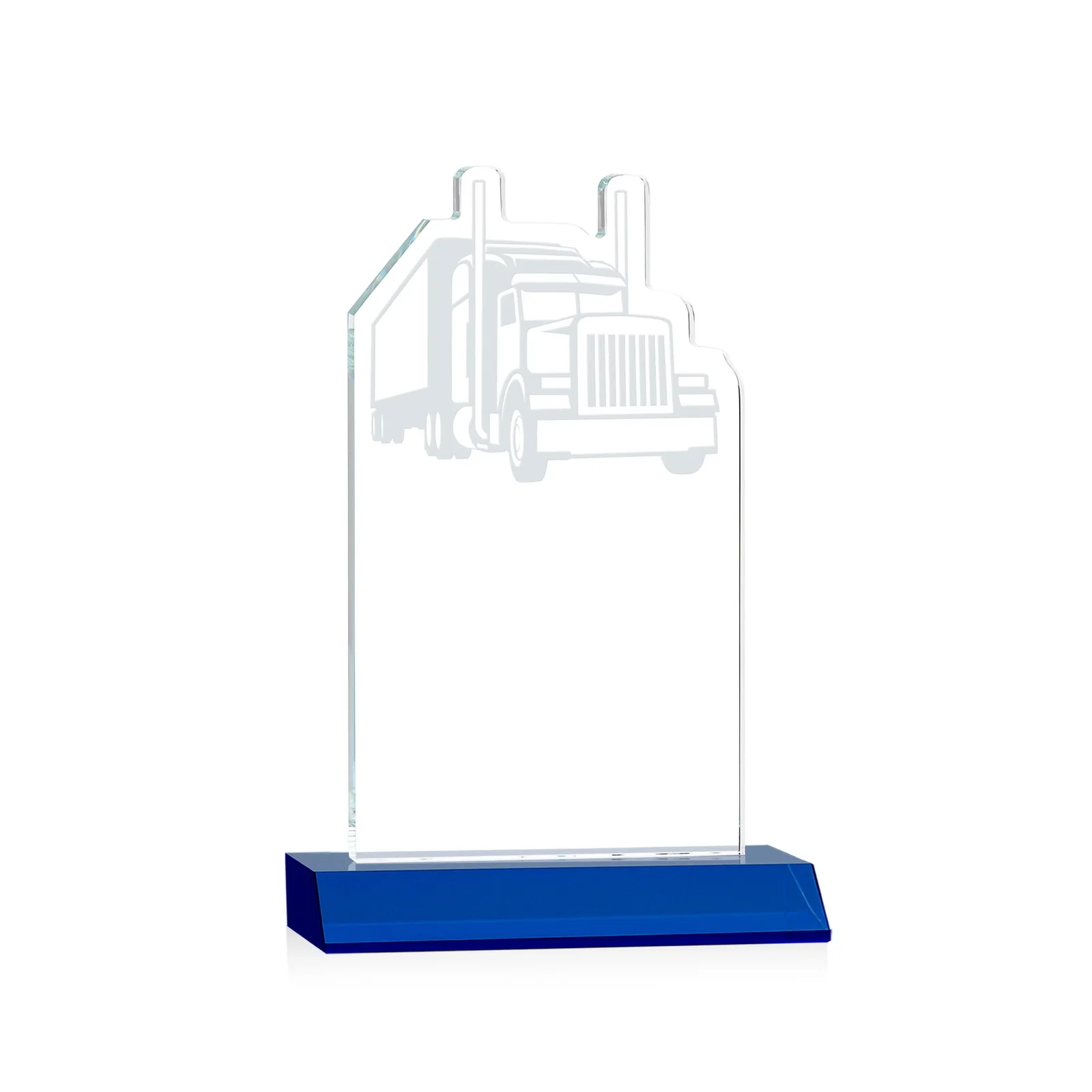 Custom engraved Starfire Crystal Award With Truck Figure on Mitered Base for team milestone celebrations