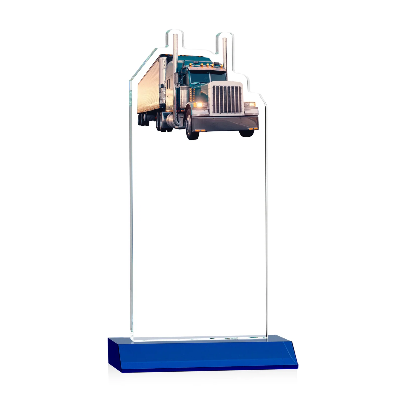 Custom engraved Starfire Crystal Award With Truck Figure on Mitered Base for donor appreciation