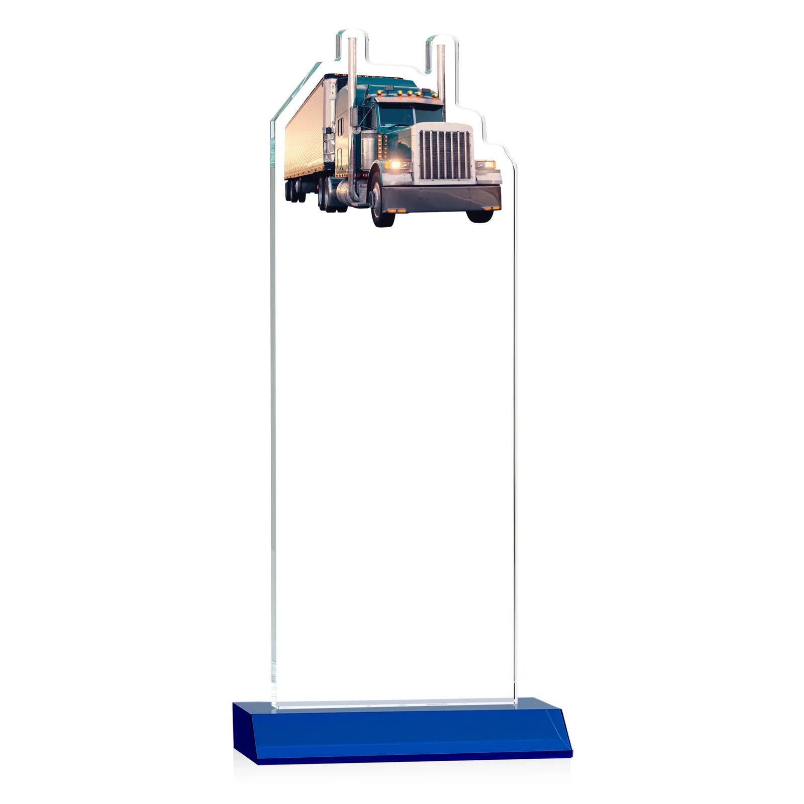 Custom engraved Starfire Crystal Award With Truck Figure on Mitered Base for graduation ceremonies