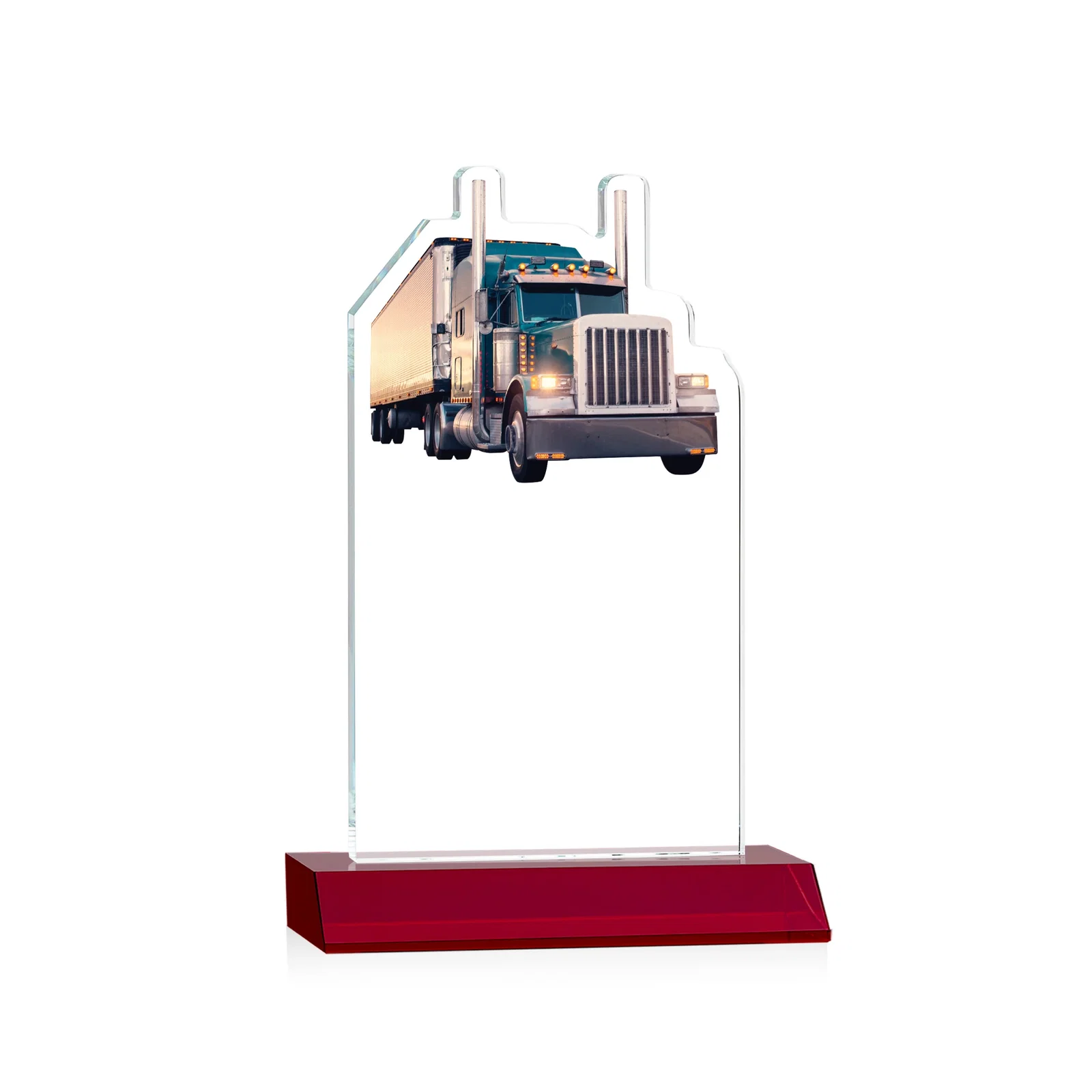 Custom engraved Starfire Crystal Award With Truck Figure on Mitered Base for safety achievement programs