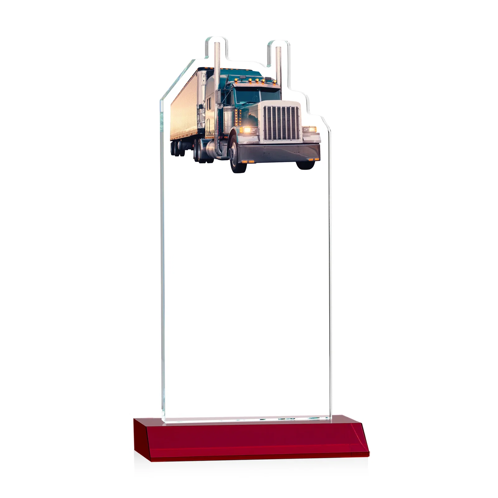 Custom engraved Starfire Crystal Award With Truck Figure on Mitered Base for volunteer appreciation