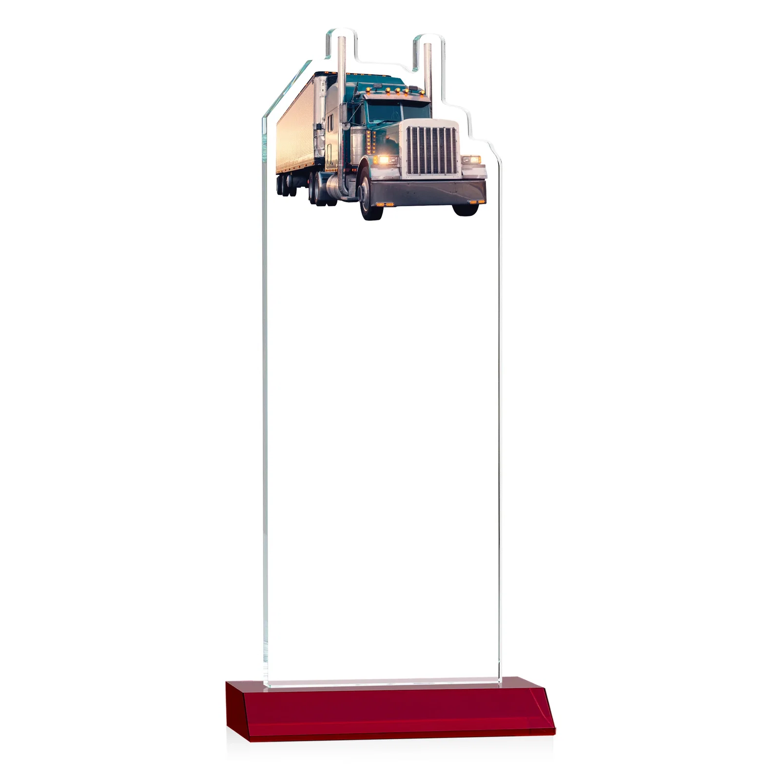 Custom engraved Starfire Crystal Award With Truck Figure on Mitered Base for dealer and partner awards