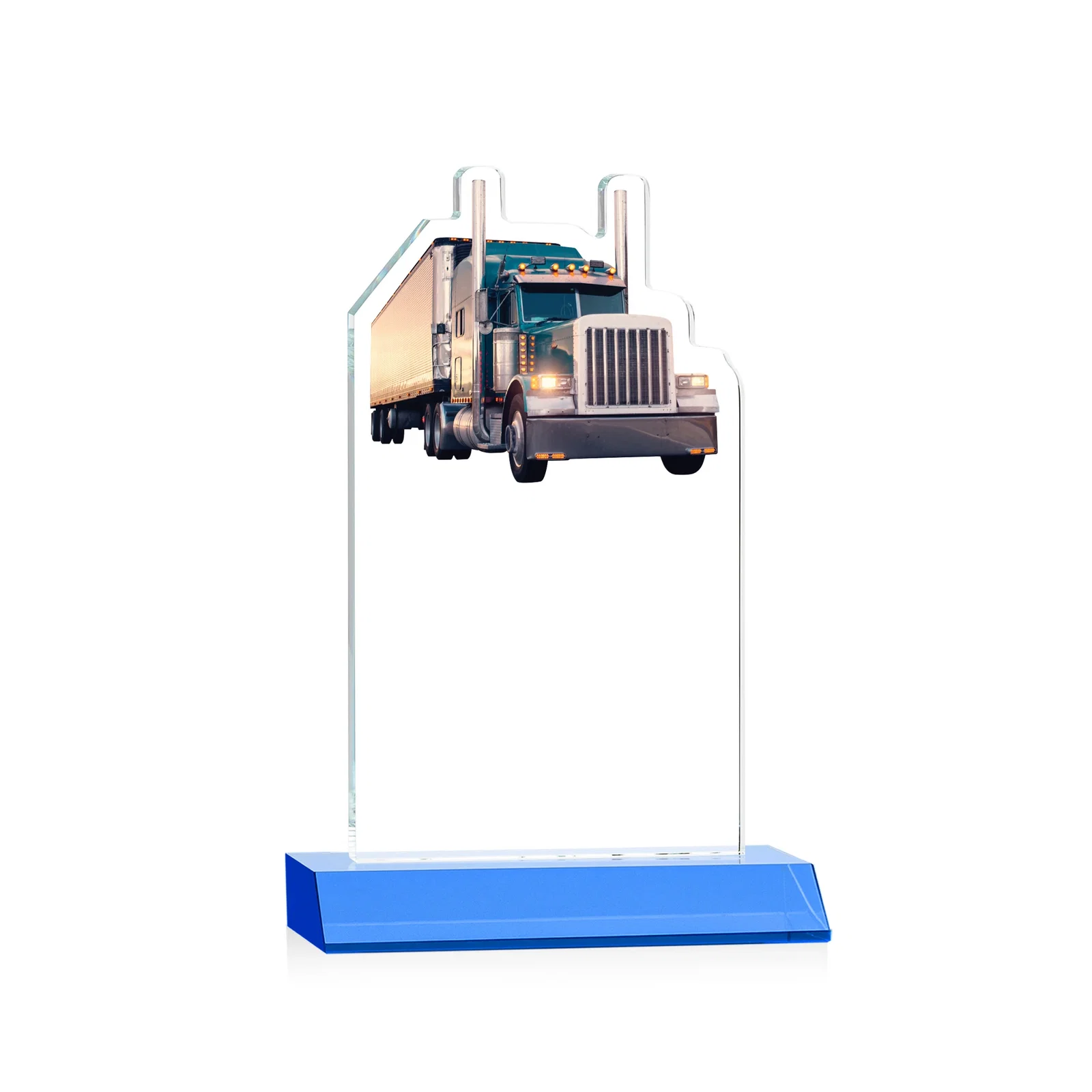 Custom engraved Starfire Crystal Award With Truck Figure on Mitered Base for company anniversary events