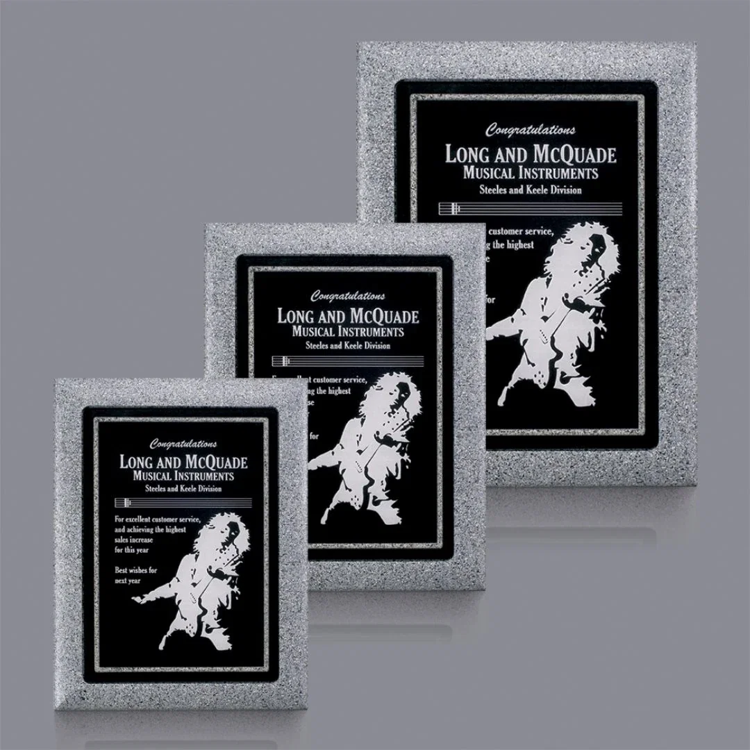 Custom Black Acrylic Plaque on Stone-Edge Gray Base for employee recognition