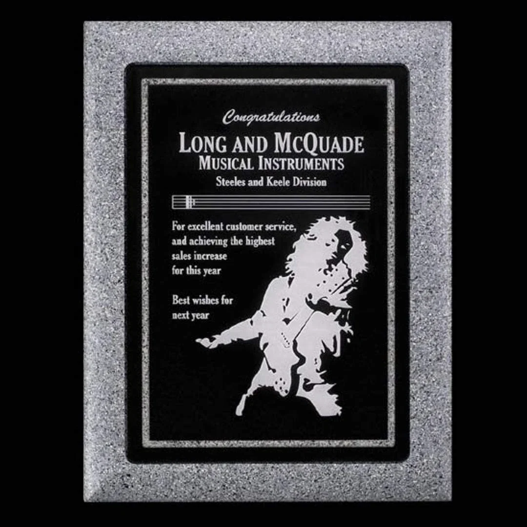 Custom Black Acrylic Plaque on Stone-Edge Gray Base for corporate award ceremonies