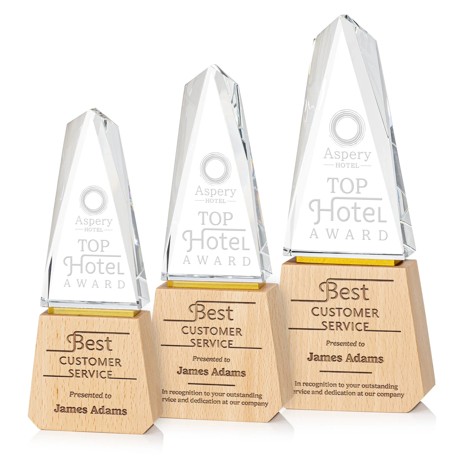 Custom Optical Crystal Award on Beechwood Base with Gold Accent Line for employee recognition